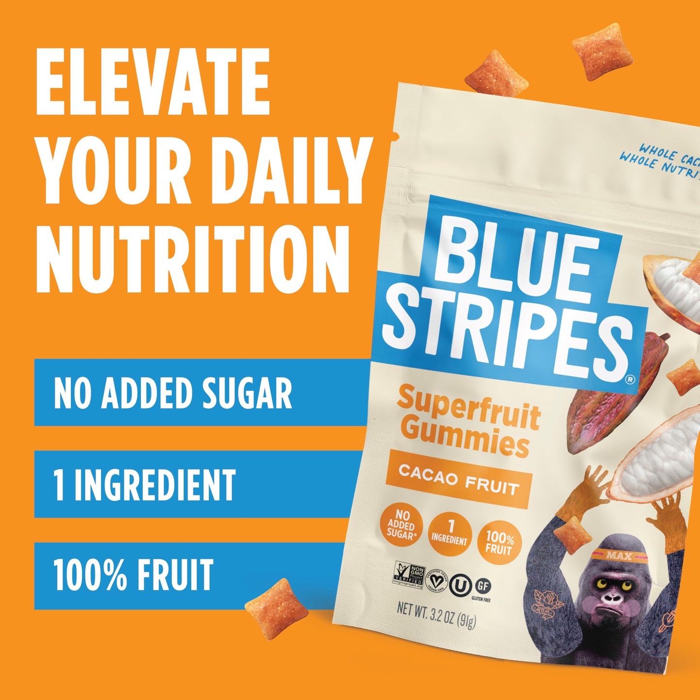Blue Stripes Cacao Superfruit Gummies - Vegan Chewy Fruity Snack, No Sugar Added 100% Fruit Gummy, 9 Essential Vitamins & Minerals, Natural Tropical