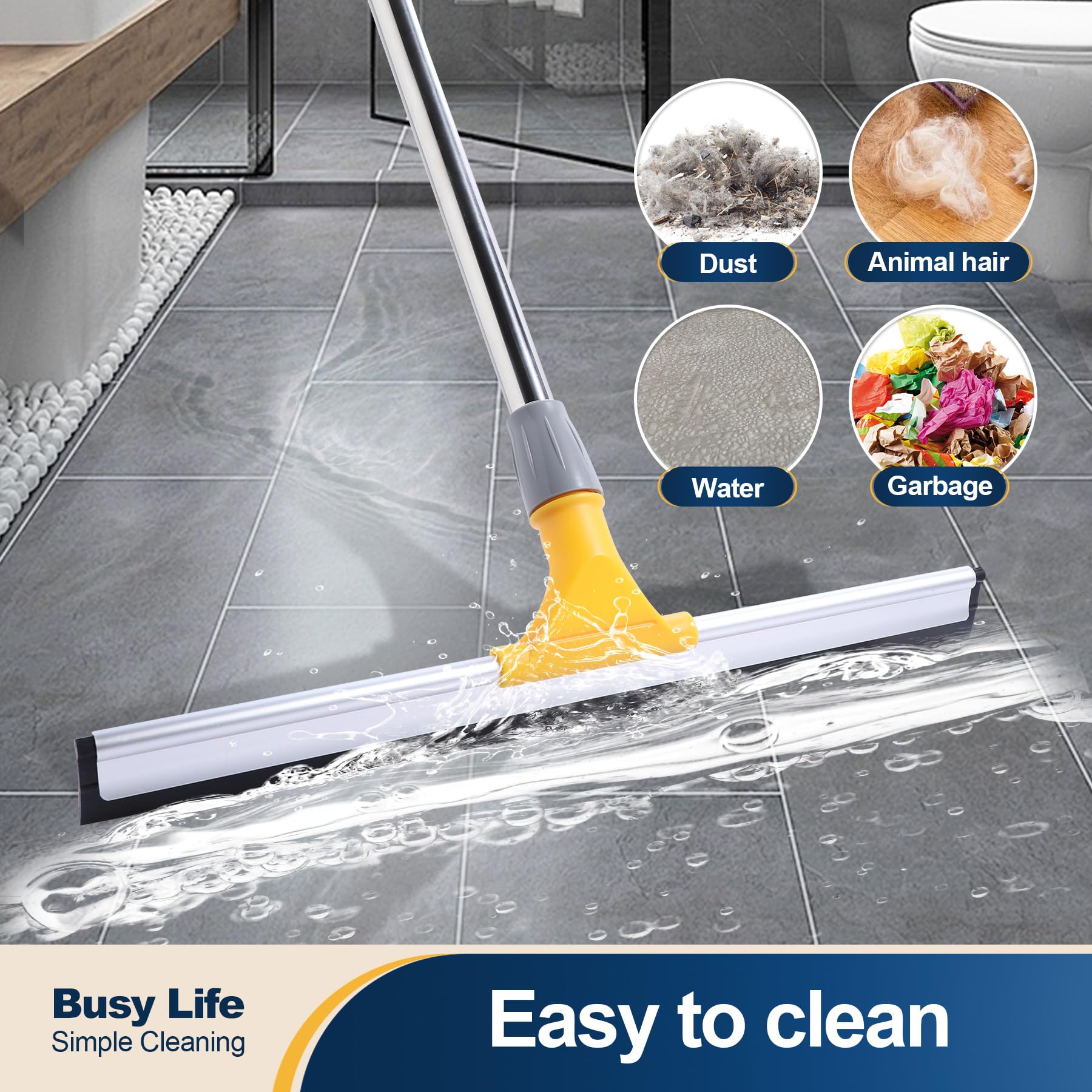 Yocada Rubber Floor Squeegee 17.7" TPR Blade Scrubber Broom 61.8inch Pole Household Broom for Garage Courtyard Shower Bathroom Floor Marble Glass Tile