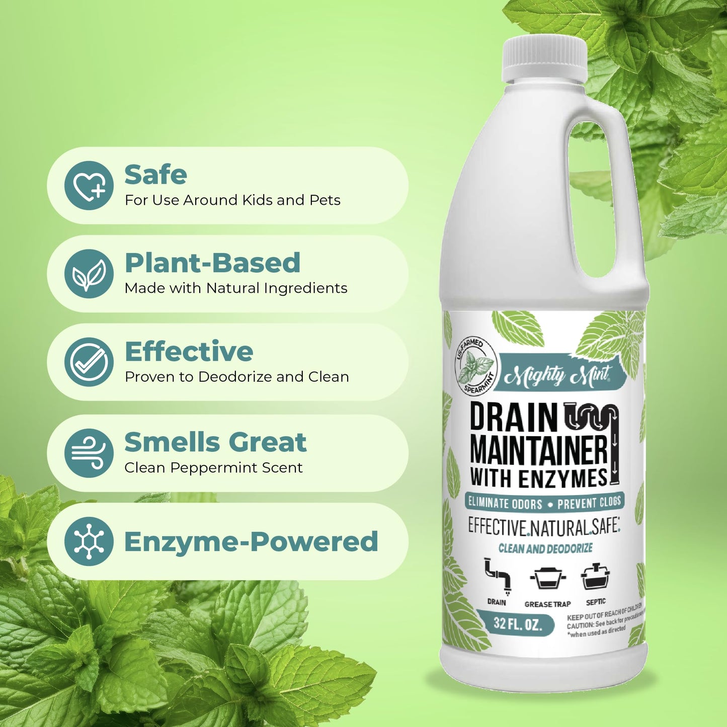 Mighty Mint Enzyme Drain Maintainer - Drain Cleaner & Deodorizer for Odor Control and Buildup Prevention - Safe for Pipes, Septic & Grease Traps - 32