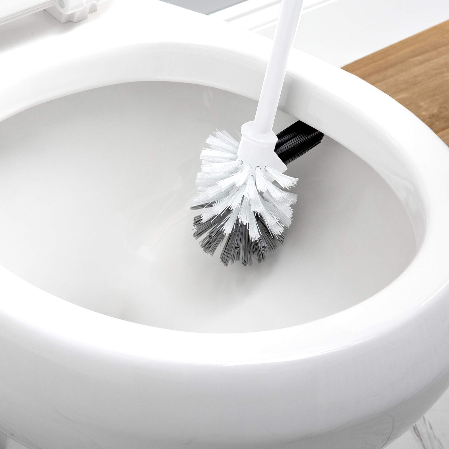 Bath Bliss Self Closing Lid Toilet Brush with Rim Scrubber | Dimensions: 5. 9" x 5. 3" x 15. 4" | Self Closing | 360 Degree Bristle | Bathroom