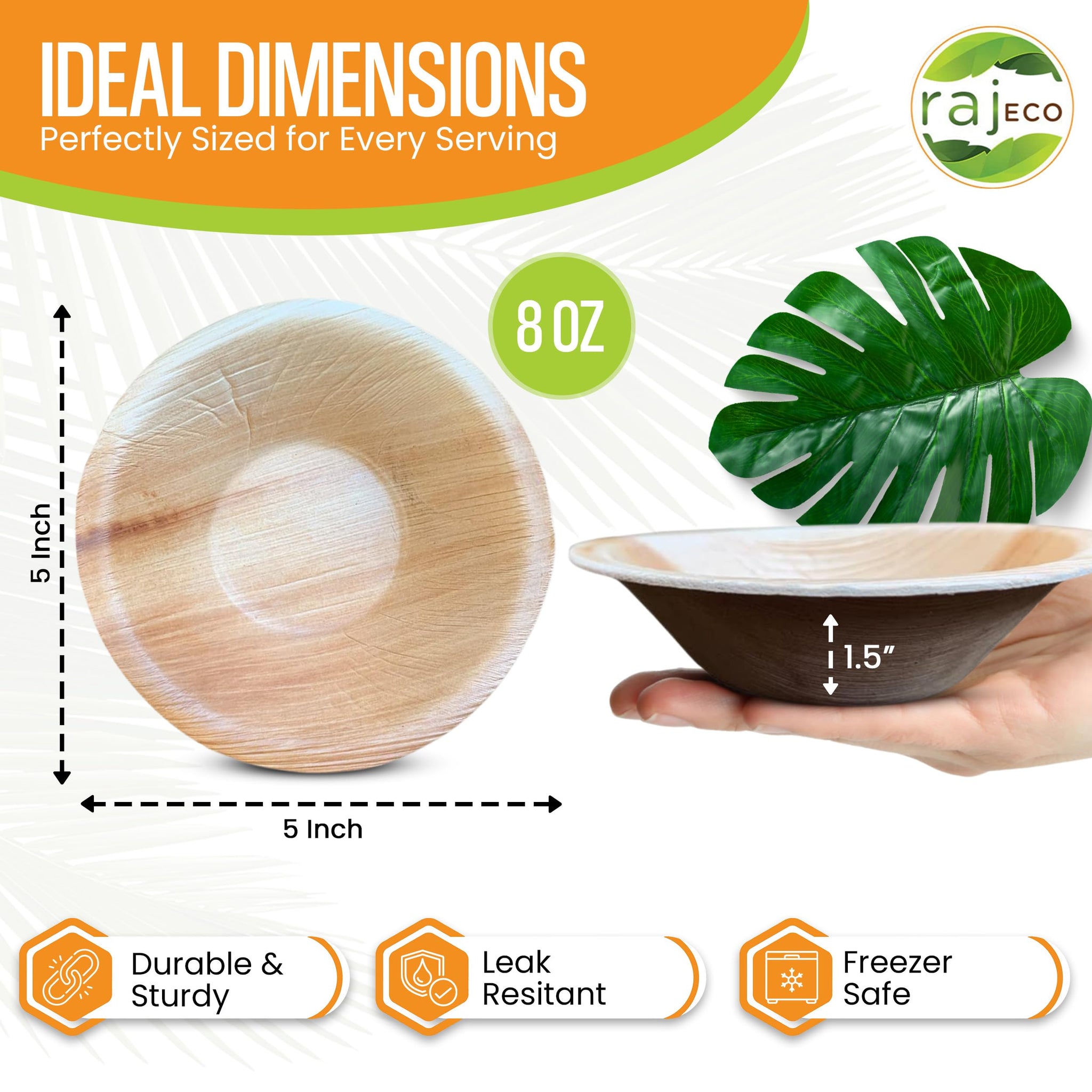 Raj Disposable Palm Leaf Bowls (50 Count, 5" Bowls) Strong Bowl Like Bamboo Party Bowl - Decorative Compostable Tableware for Lunch, Dinner, Birthday
