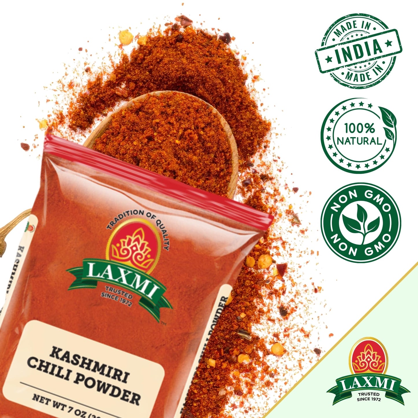 LAXMI Kashmiri Chili Powder - Authentic Low Heat Indian Red Chili Seasoning- NON-GMO - 14 oz Cooking Spice