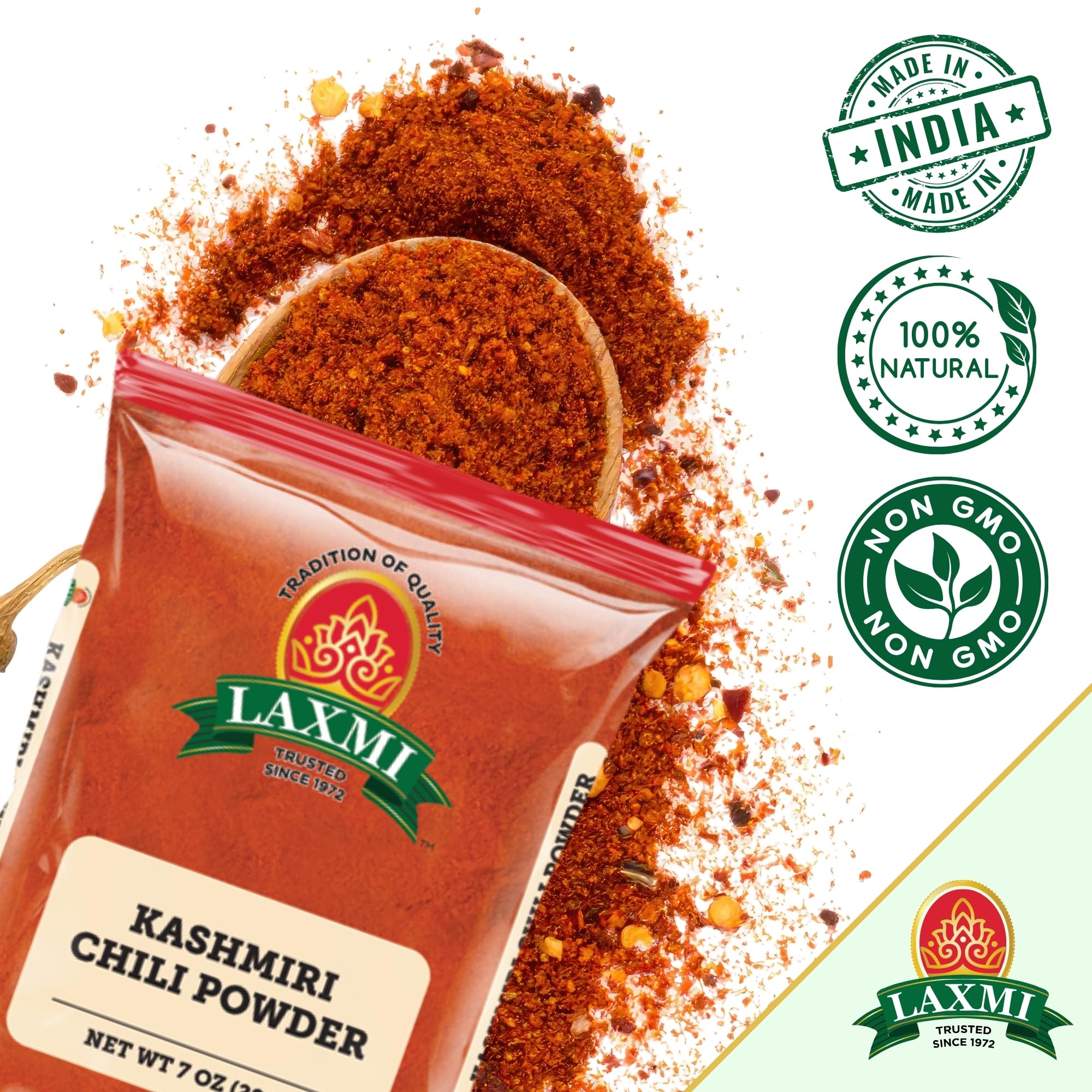 LAXMI Kashmiri Chili Powder - Authentic Low Heat Indian Red Chili Seasoning- NON-GMO - 14 oz Cooking Spice