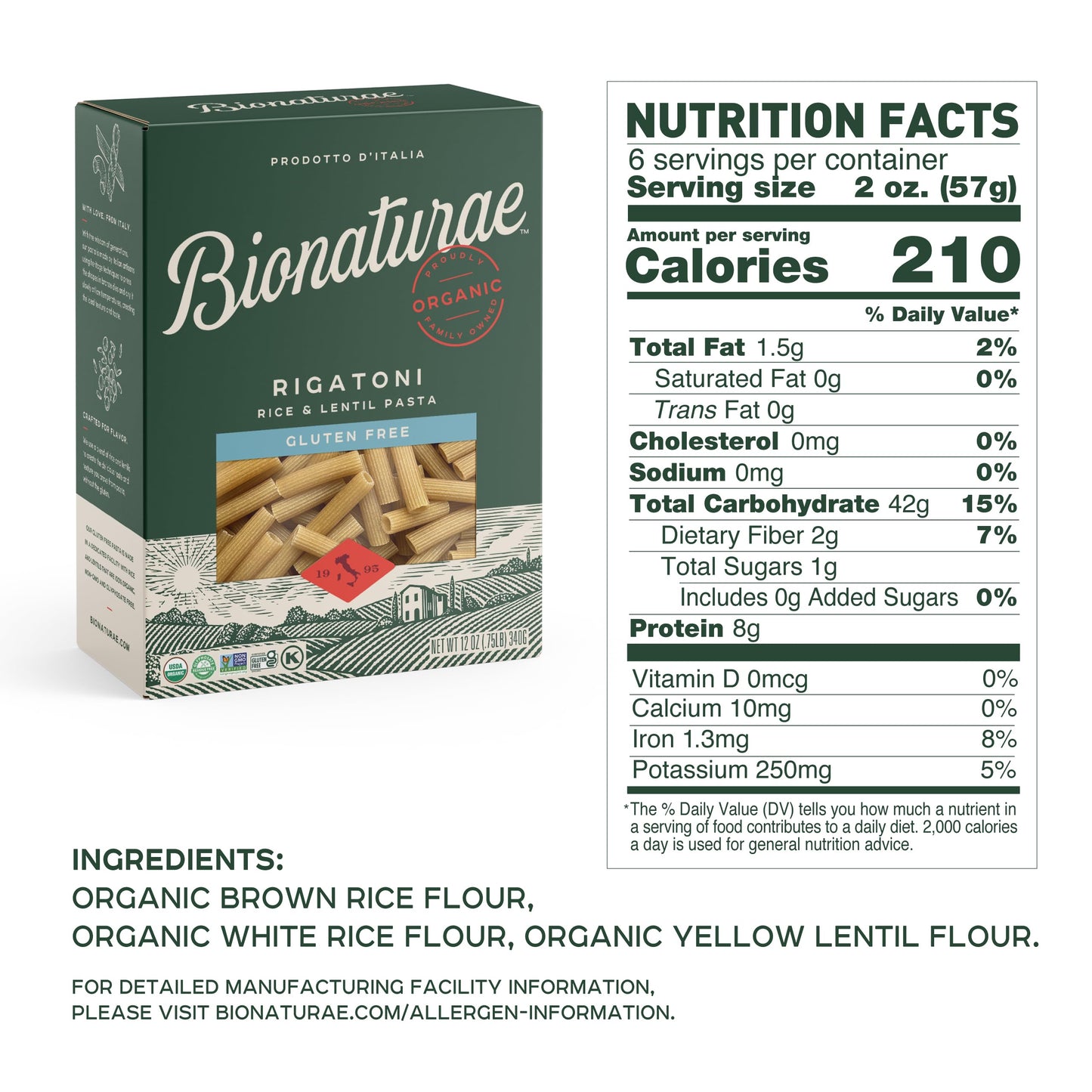 Bionaturae Rigatoni Pasta Noodles - Gluten Free Rigatoni Pasta Organic, Rice & Lentil Pasta, Kosher, High Protein, Non-GMO, Gluten Free Pasta Organic