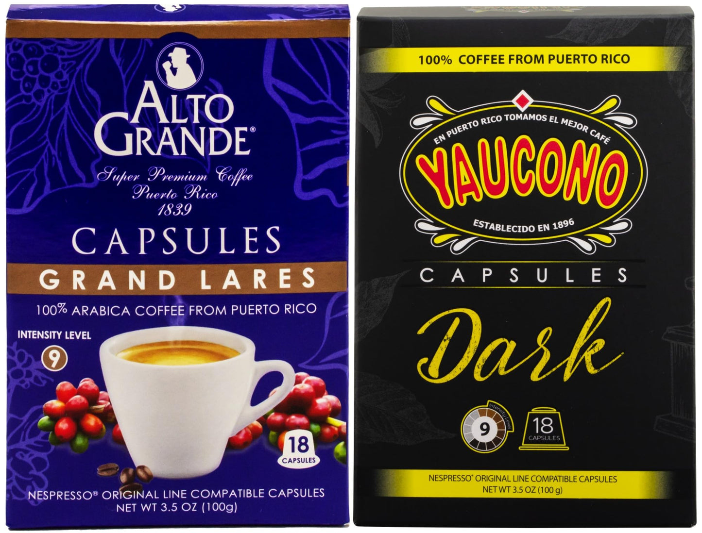 Alto Grande Super Premium and Yaucono 100 Percent Coffee From Puerto Rico Capsules Compatible with Nespresso Machines, 36 Count (18 Yaucono, 18 Alto