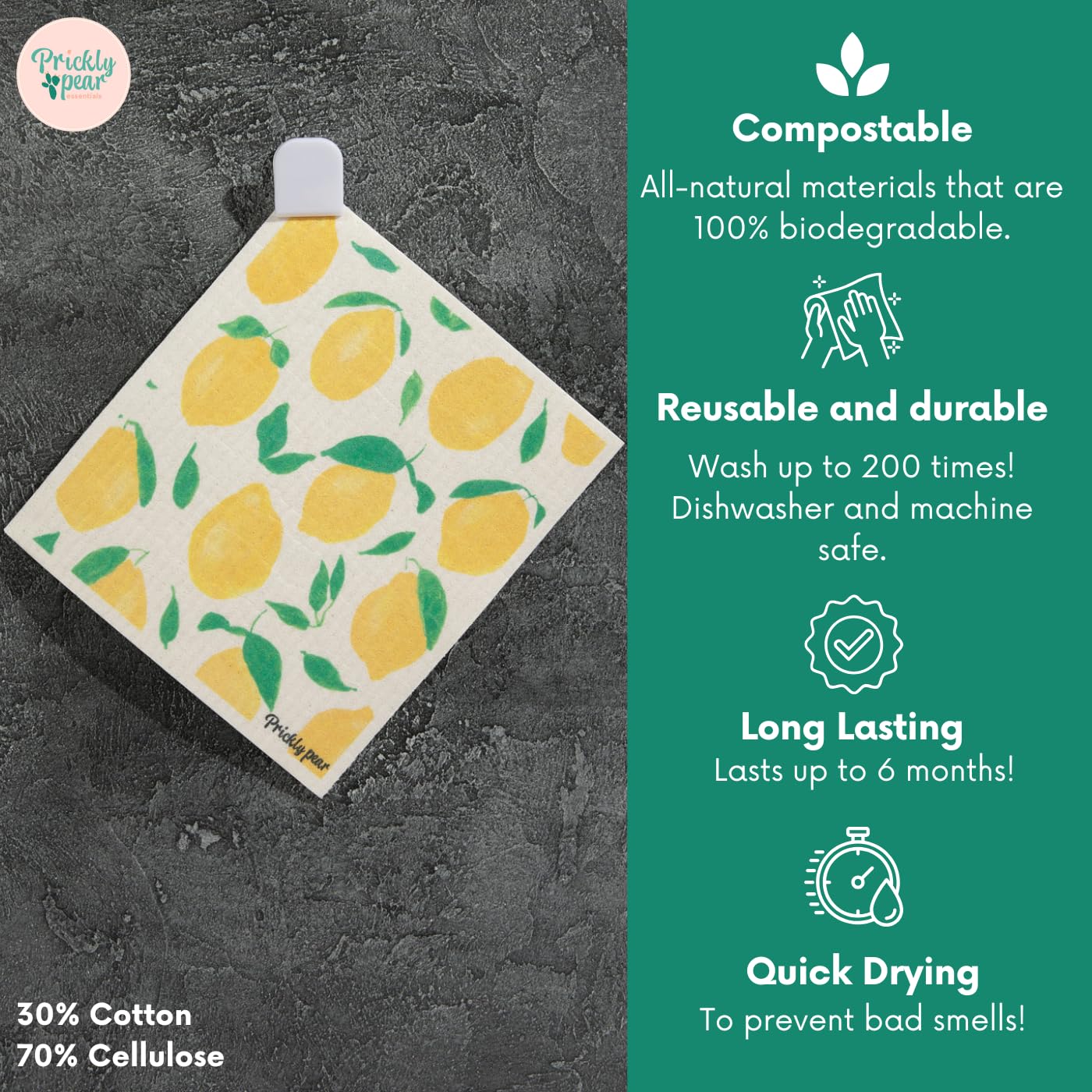 Prickly Pear Reusable Paper Towels Washable - 3 Pack Wash Cloths Kitchen with Hanging Clips | Thick and Super Absorbent Kitchen Cloths for Cleaning