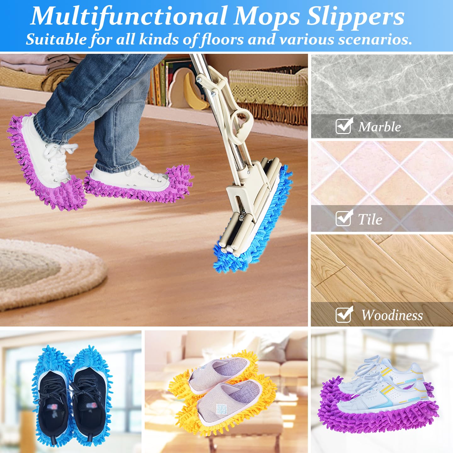 4 Pcs Shoes Cover Dust Duster, Washable Mop Slippers Shoes for Floor Cleaning, Reusable Microfiber Duster Mops for House, Office, Bathroom, Kitchen