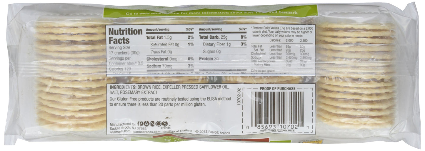 Sesmark, Rice Thins, Brown Rice, 3.5 oz