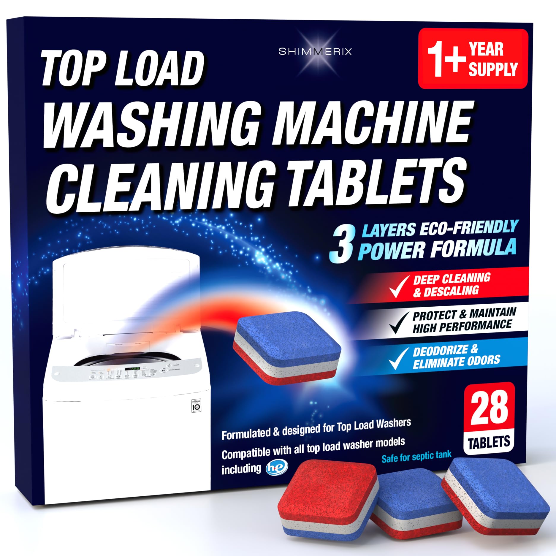 Washing Machine Cleaner Tablets 28 Pack for HE Top Load - Eco Friendly Washer Machine Cleaning Tablets - 3 Layers Septic Safe Wash Machine Full