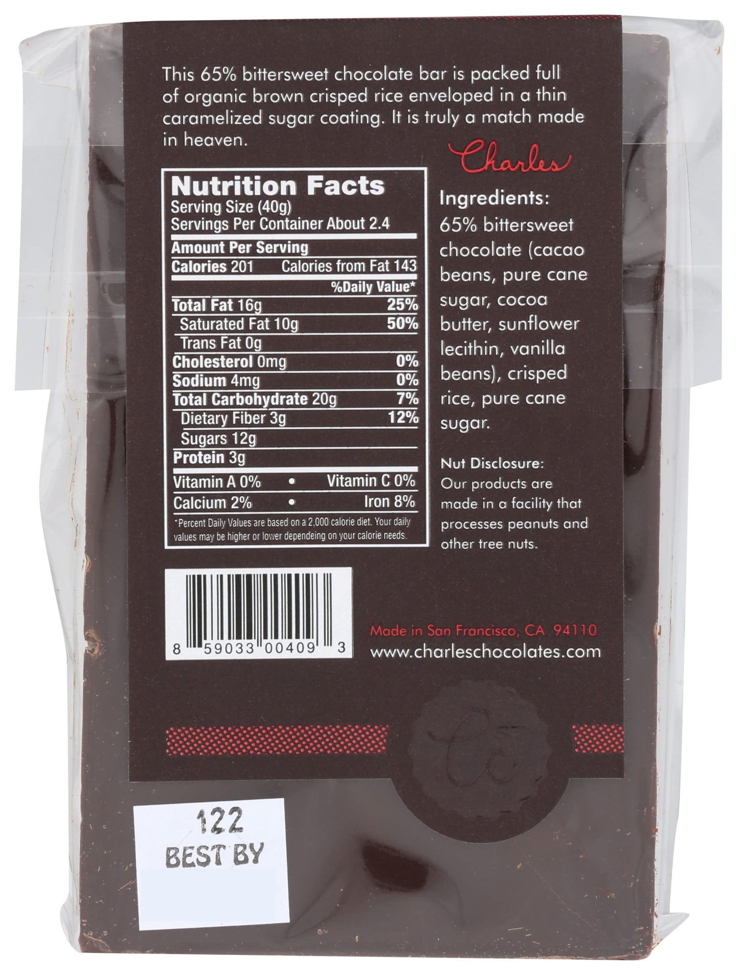 Charles Chocolates, Chocolate Bittersweet Caramelized Crisp Rice Bar, 3.4 Ounce