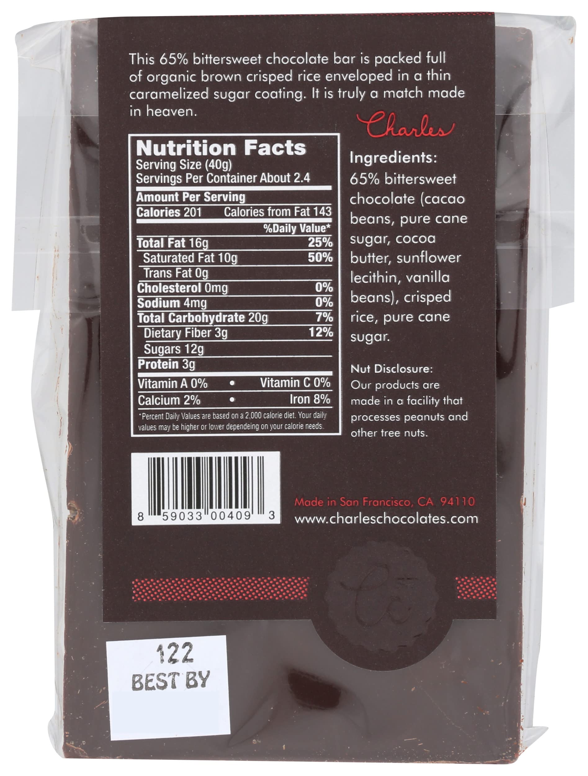 Charles Chocolates, Chocolate Bittersweet Caramelized Crisp Rice Bar, 3.4 Ounce