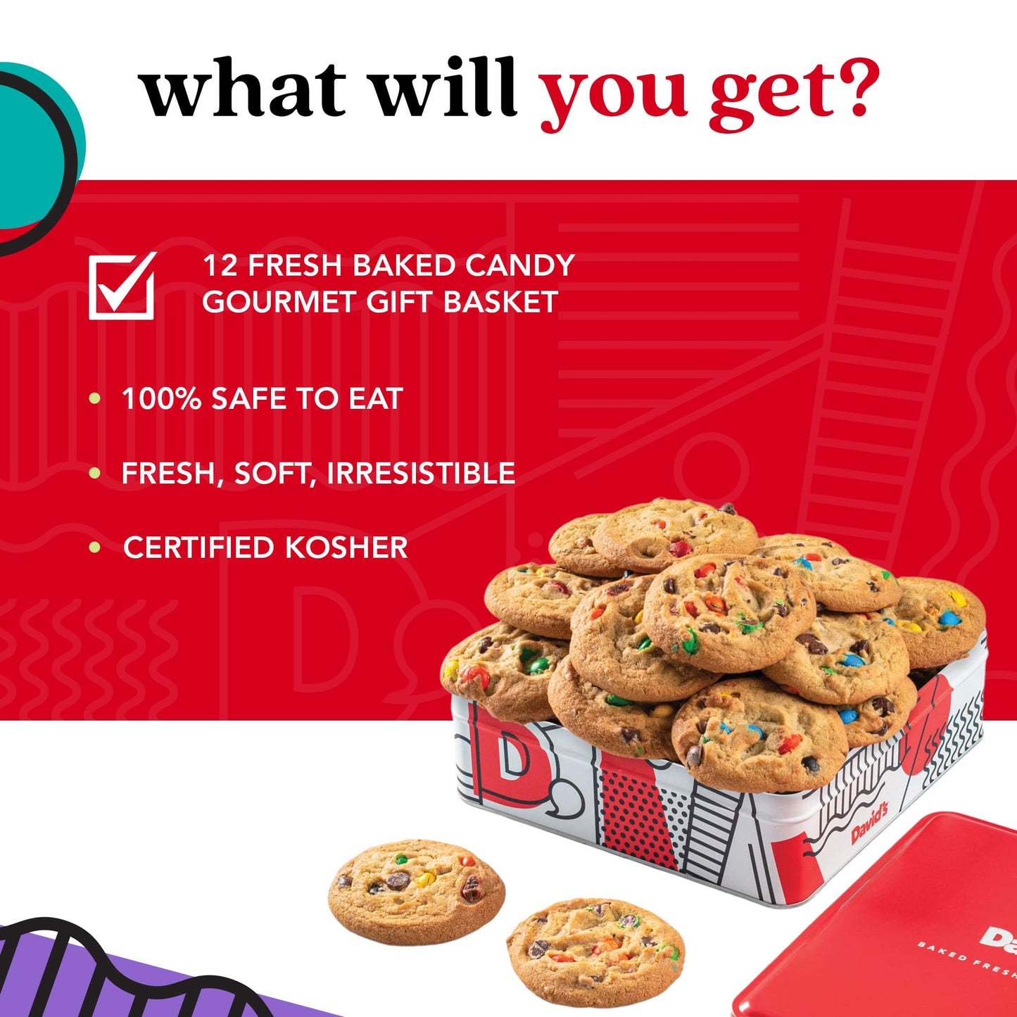 David's Cookies Fresh Baked Candy Cookies Gift Basket - 1lb Gourmet Dessert Tin - Soft and Chewy Sweet and Crunchy Cookies for Holiday, Birthday