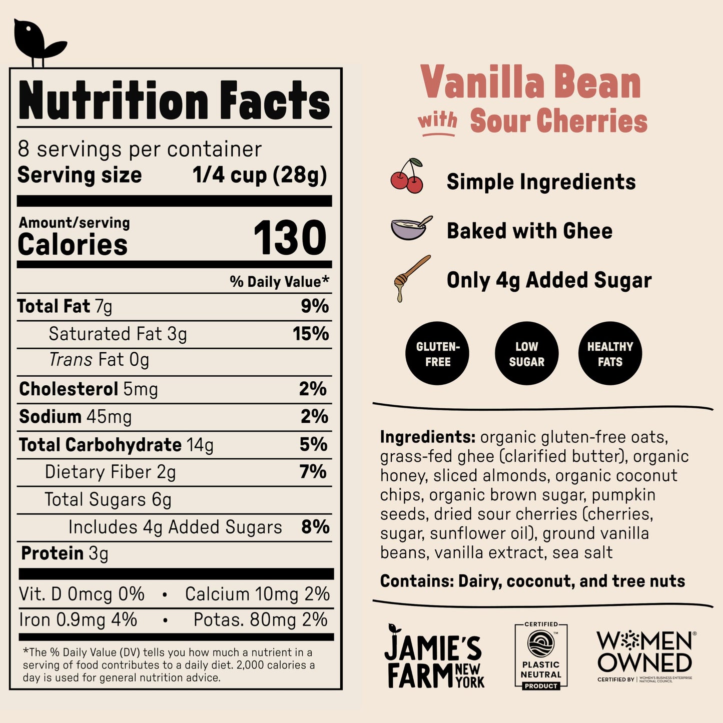 Jamie's Farm, Vanilla Bean with Sour Cherries Granola, Gluten-Free, Baked with Ghee (8oz Bag)