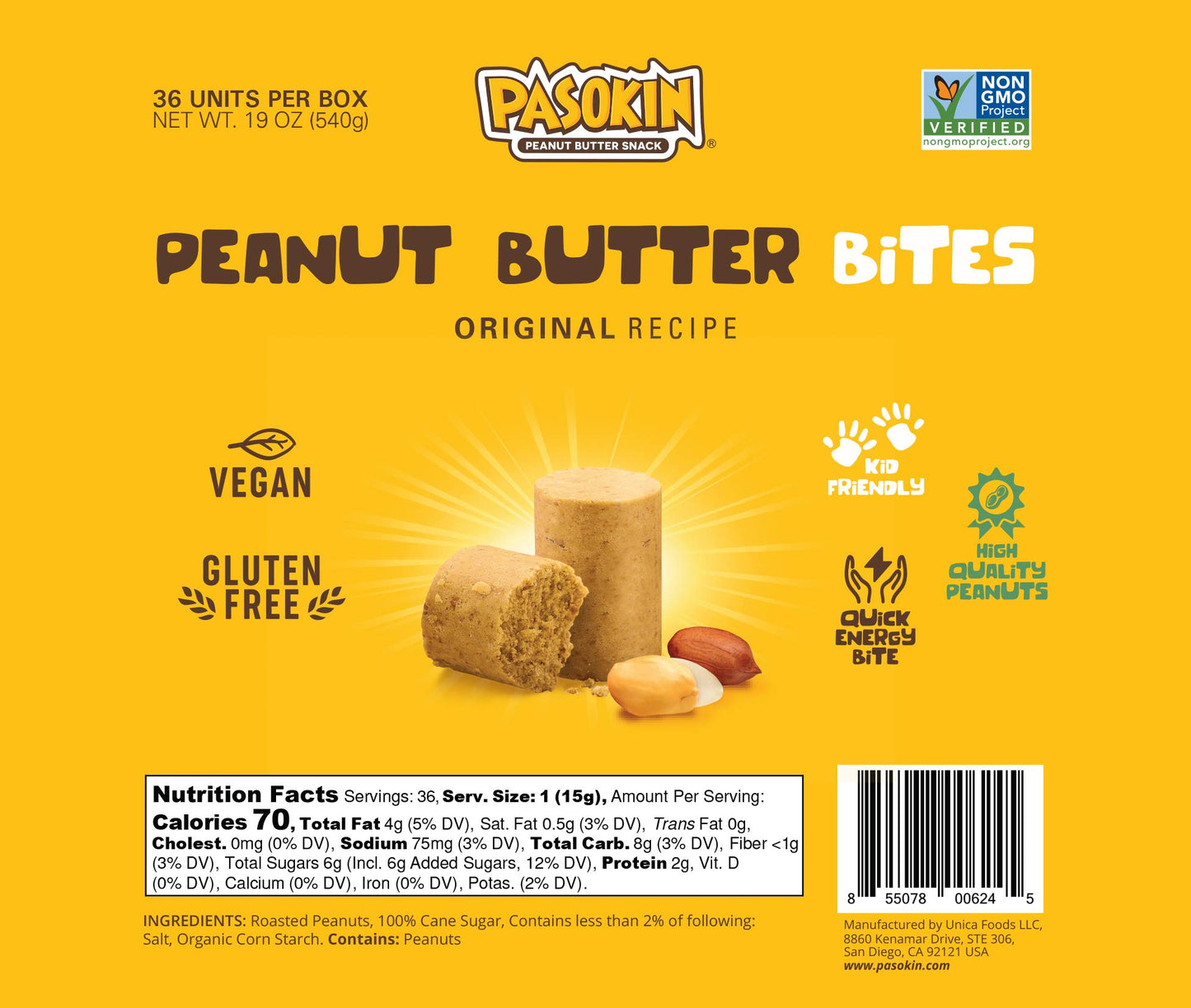 PASOKIN | Natural Peanut Butter Snack | Crunchy and Creamy PB Bites | Gluten Free, Vegan Protein | Pacoca Made in USA, 6 Boxes with 6 Bites (36 Bites)