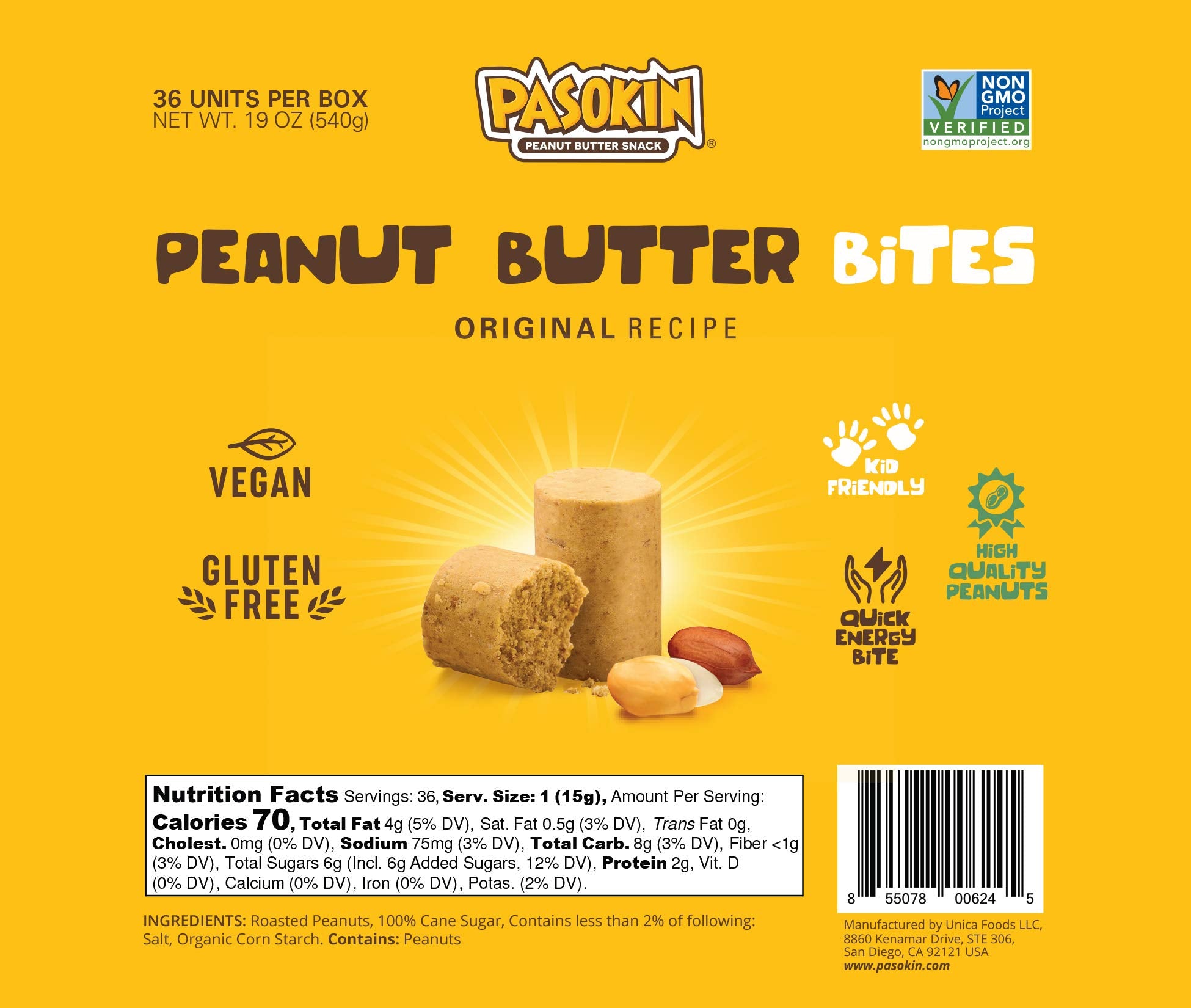 PASOKIN | Natural Peanut Butter Snack | Crunchy and Creamy PB Bites | Gluten Free, Vegan Protein | Pacoca Made in USA, 6 Boxes with 6 Bites (36 Bites)