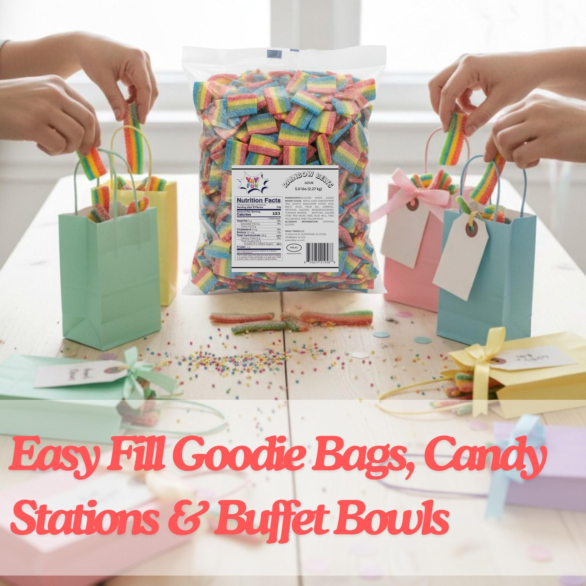 Halal Sour Mini Rainbow Belt Candy Bulk | 5-Pound of Fruity Sour Mini Strips, Colorful Belt Gummy Candy for Parties, Candy Buffets, Goodie Bags