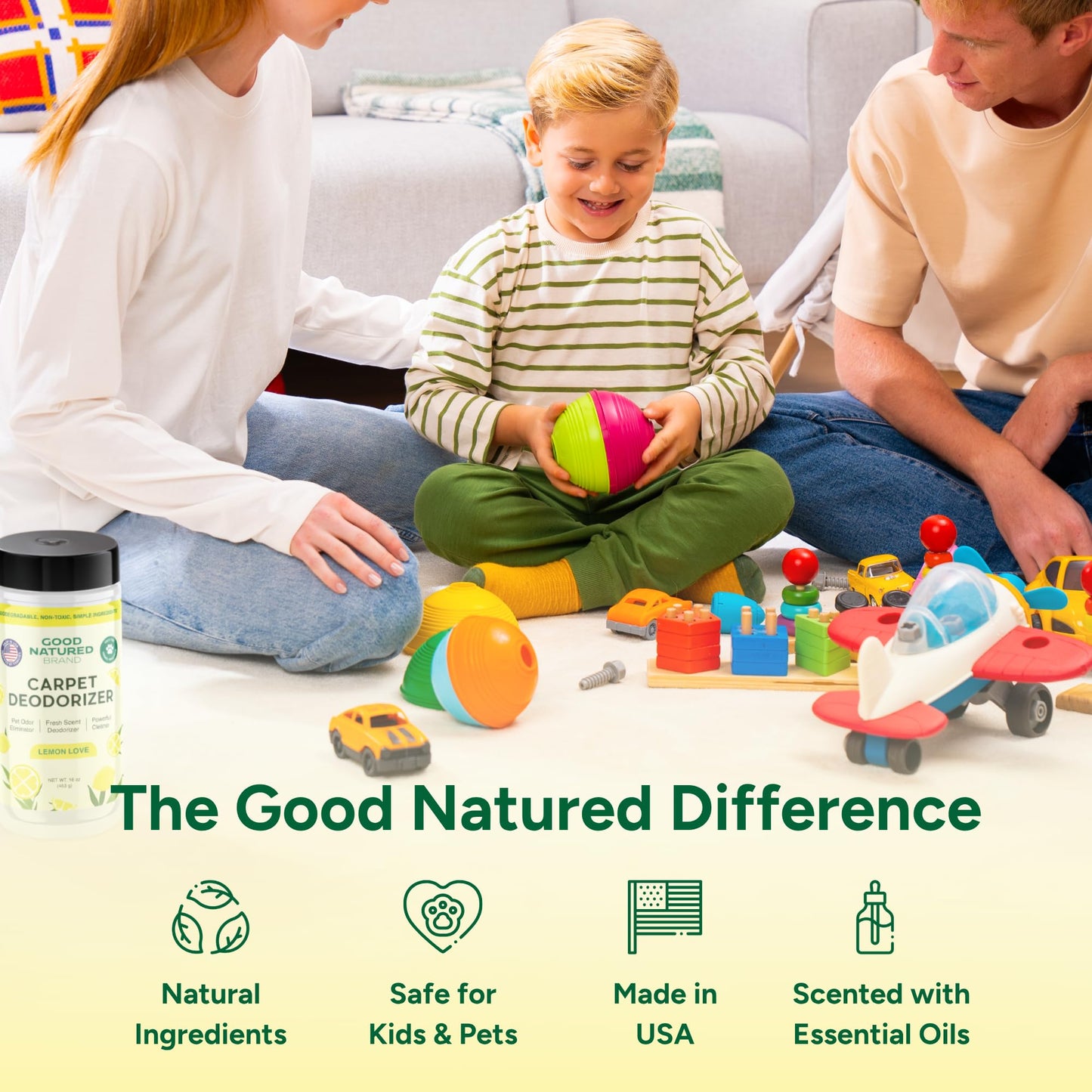 Good Natured Brand | Carpet Freshener & Deodorizer Powder | 16 oz Pet Odor Eliminator for Strong Odor & Pet Urine | Fresh Natural Lemon Scent | Safe