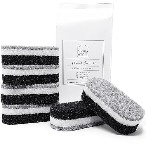SIMPLYCASA Kitchen Dish Cleaning Sponges - Pack of 6 | Non-Scratch & Fast-Drying | Reusable Scrubbers for Kitchen & Household Use | Stylish Black