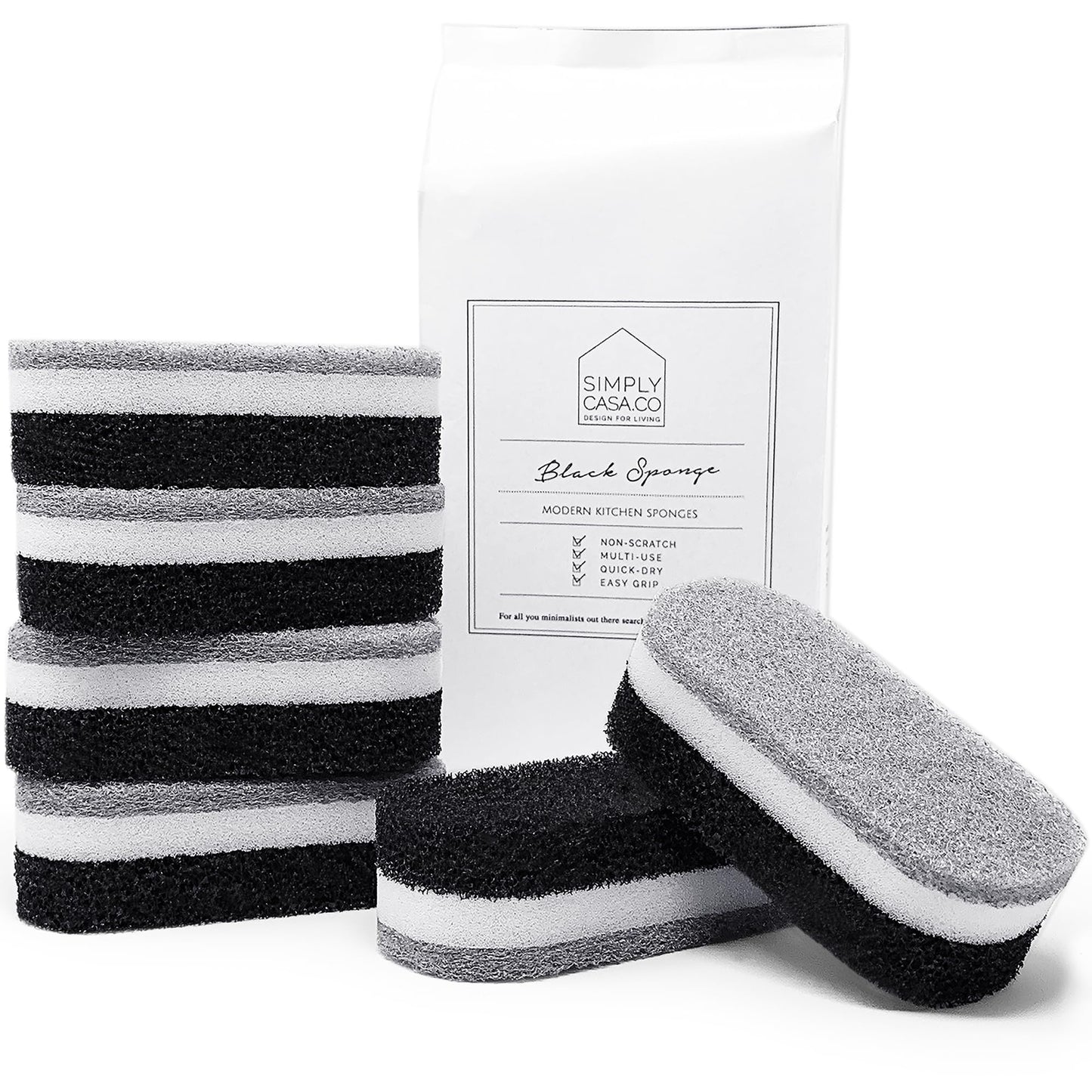 SIMPLYCASA Kitchen Dish Cleaning Sponges - Pack of 6 | Non-Scratch & Fast-Drying | Reusable Scrubbers for Kitchen & Household Use | Stylish Black