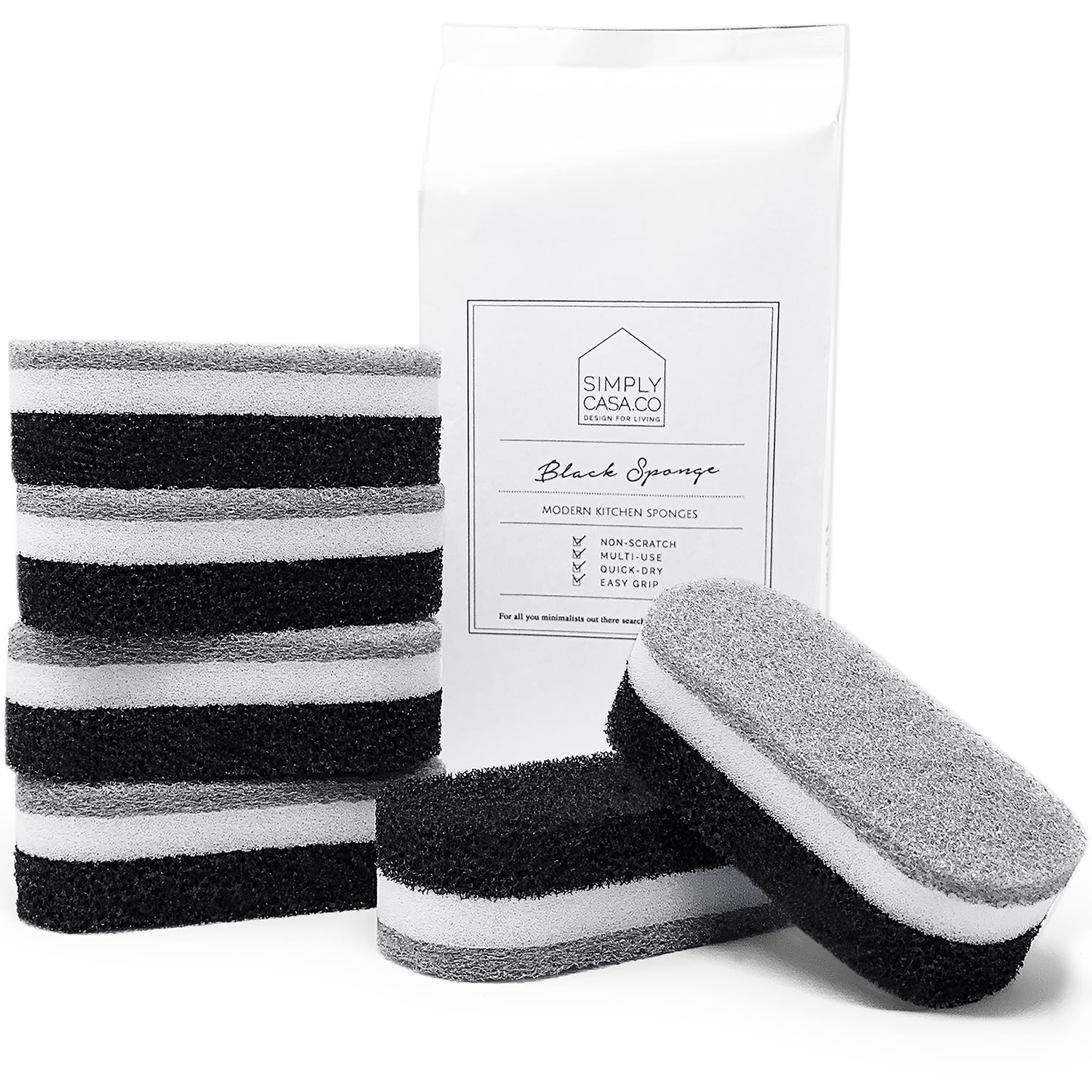 SIMPLYCASA Kitchen Dish Cleaning Sponges - Pack of 6 | Non-Scratch & Fast-Drying | Reusable Scrubbers for Kitchen & Household Use | Stylish Black