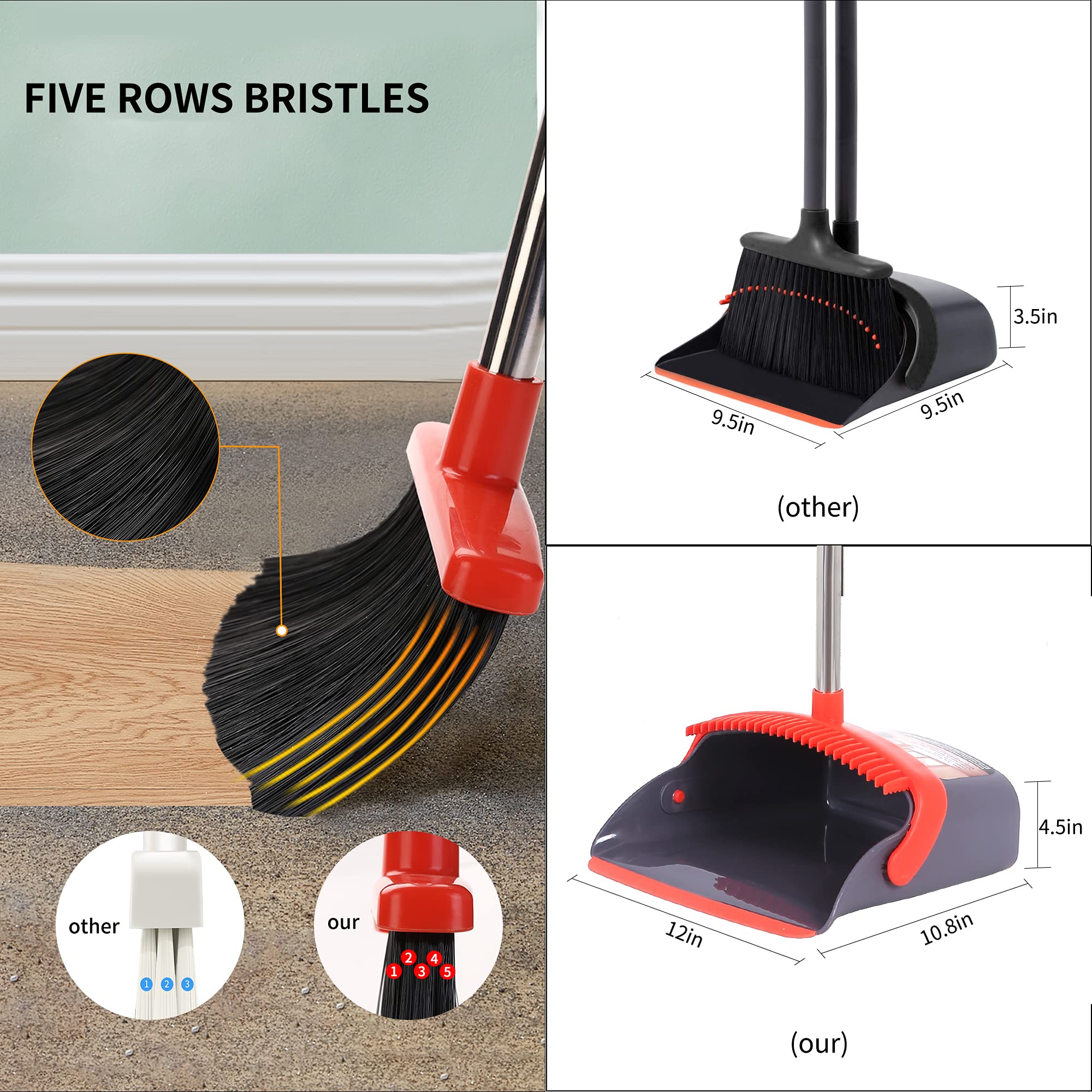 Broom with Dustpan Combo Set Broom and Dustpan Set Dust Pan with Stainless Steel Long Handle, Brooms with 5-Layer Soft Bristles for Sweeping Office