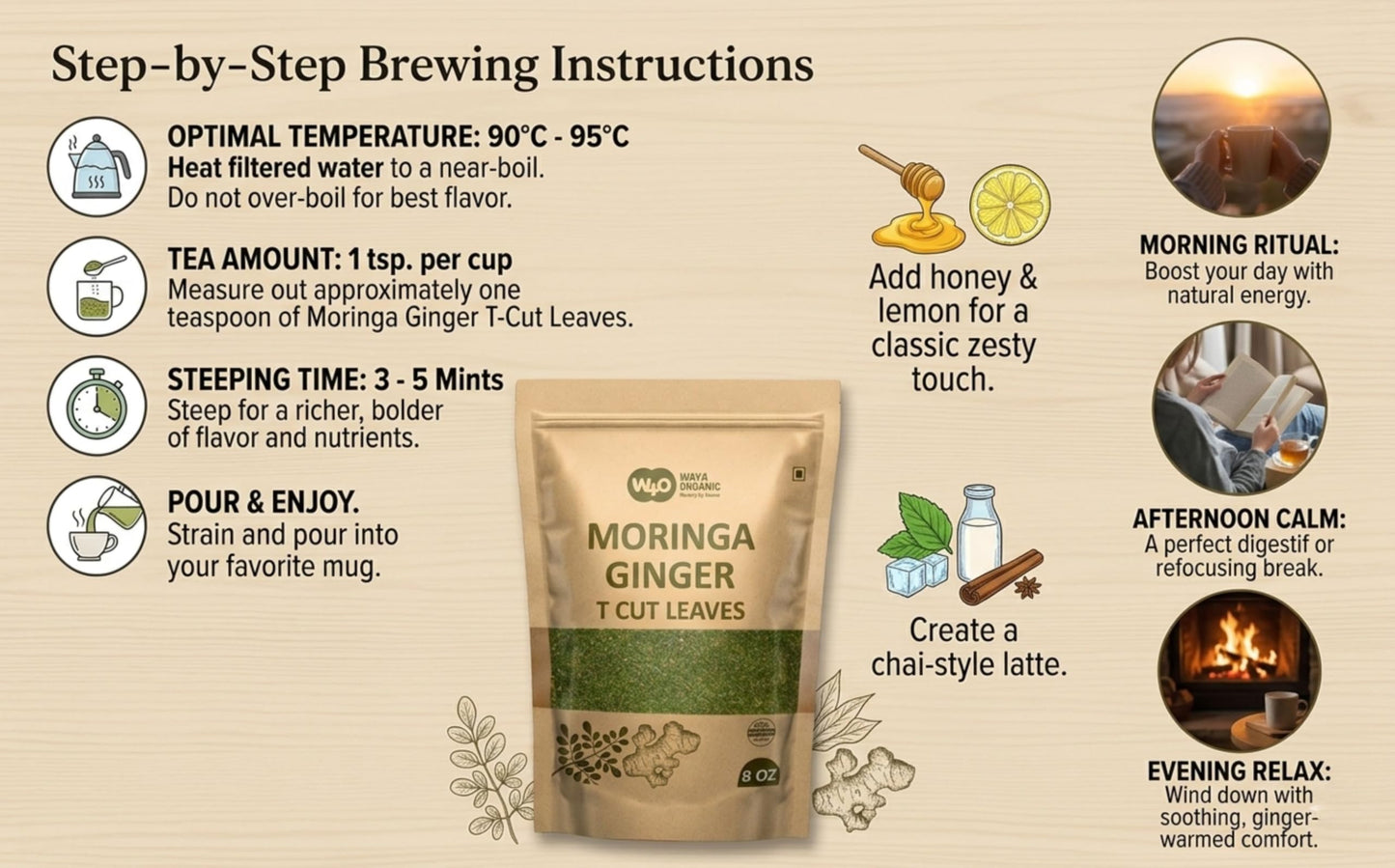 Moringa Leaves Tea with Ginger 8 oz, 120 Servings Per Package, One Leaf Tea with Two Herbs Benefits (Pack of 1), Shadow dried leaves for Maximum