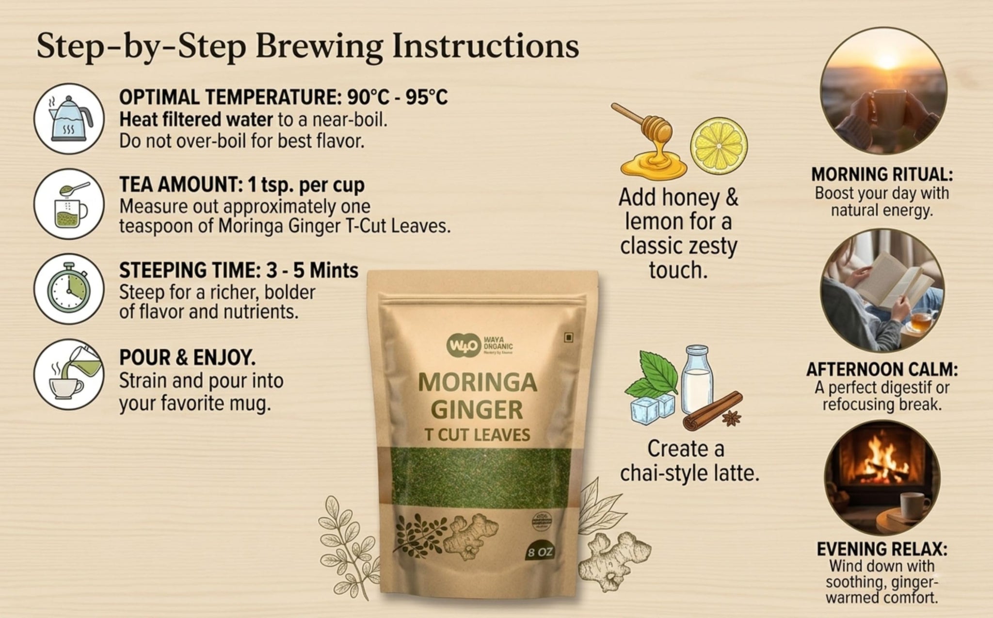 Moringa Leaves Tea with Ginger 8 oz, 120 Servings Per Package, One Leaf Tea with Two Herbs Benefits (Pack of 1), Shadow dried leaves for Maximum