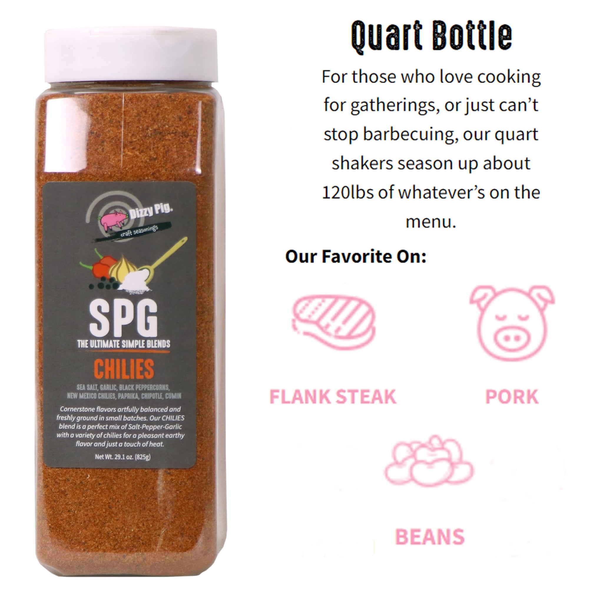 Dizzy Pig SPG Chilies (Salt, Pepper & Garlic) Seasoning Rub (Quart Shaker) - Hand Made in the USA - Seasons Around 120lbs of Food - MSG Free, Gluten