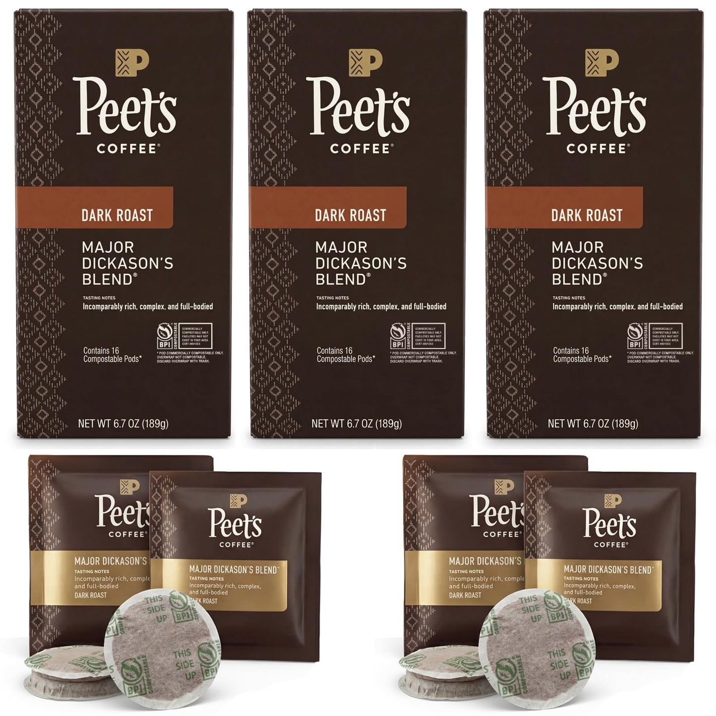 Peet’s Major Dickason’s Coffee Pods - 48 Count (3 Packs of 16) - Dark Roast with Bold, Rich Flavor and Smooth Finish - Compatible with Pelecom Coffee