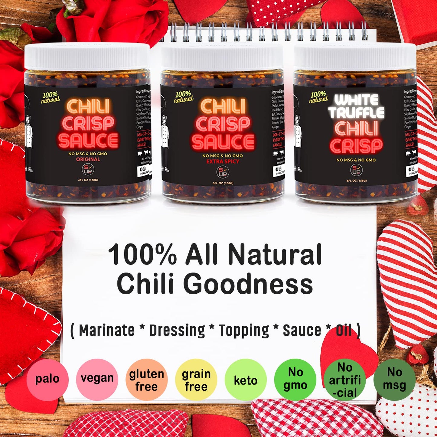 SAUCE UP Chili Crisp Trio Bundle - Original, Extra Spicy & White Truffle | Super Crunchy, Savory & Garlicky Chili Oil & Sauce | Vegan, Keto