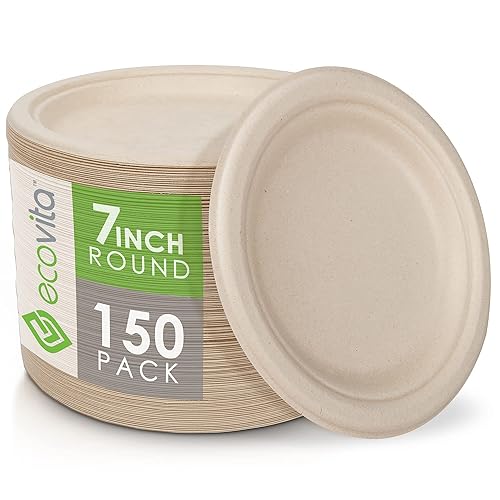 Ecovita 100% Compostable Paper Plates [7 in.] - 150 Disposable Plates Eco Friendly Sturdy Tree Free Liquid and Heat Resistant Alternative to Plastic