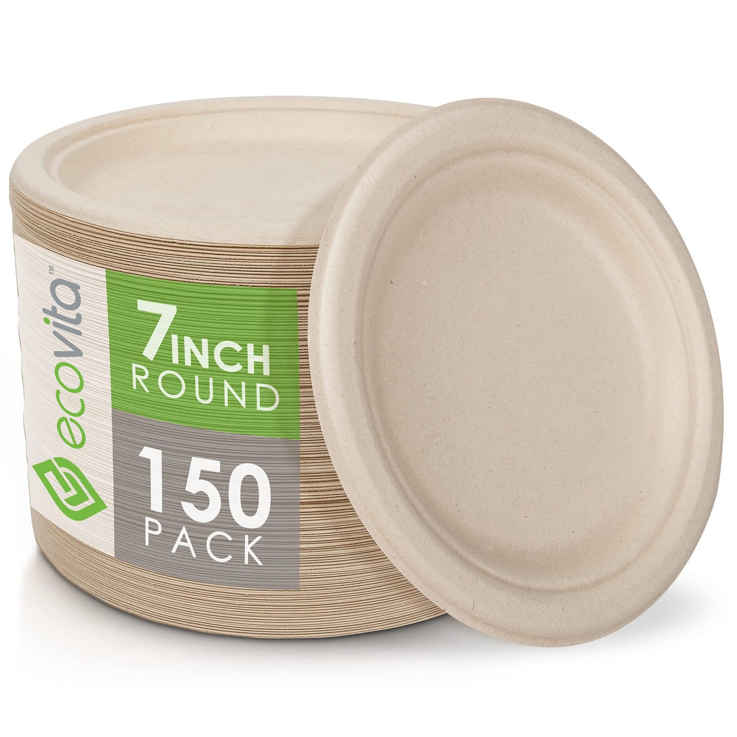 Ecovita 100% Compostable Paper Plates [7 in.] - 150 Disposable Plates Eco Friendly Sturdy Tree Free Liquid and Heat Resistant Alternative to Plastic