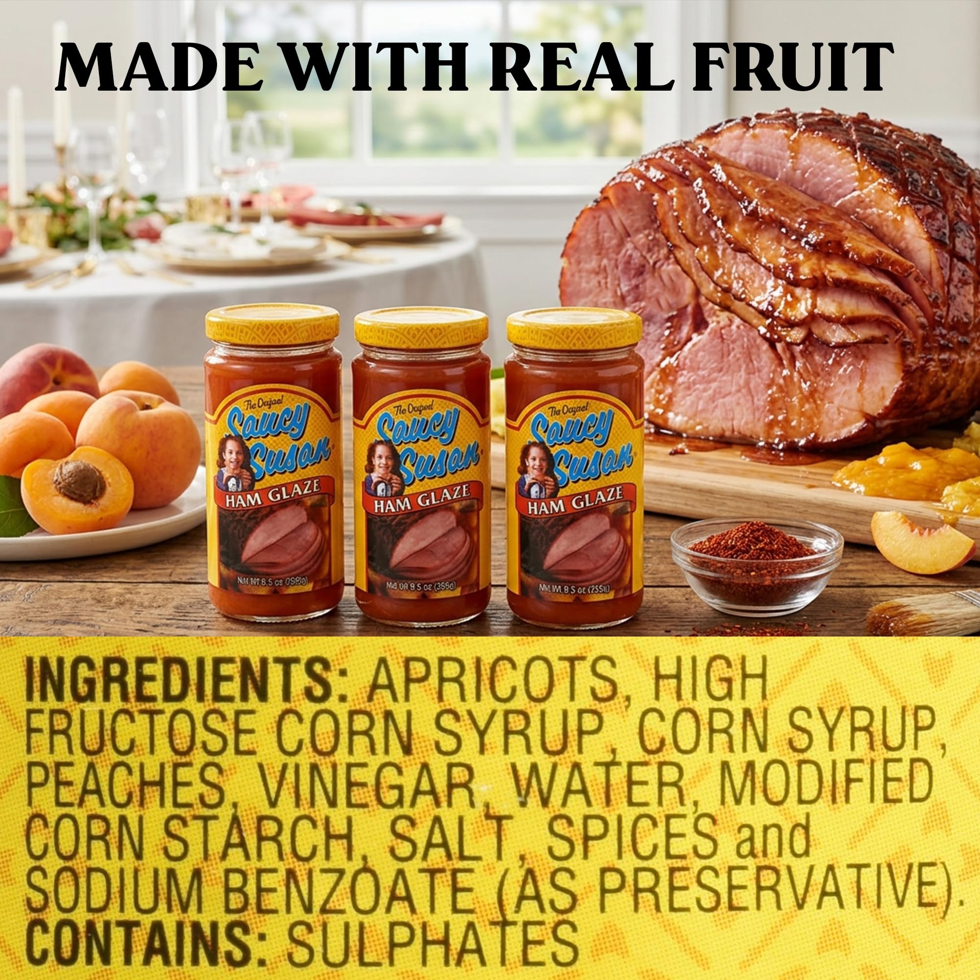 Saucy Susan The Original Ham Glaze - 3 Pack (3 × 9.5 oz Jars) - Sweet & fruity apricot-peach glaze with a hint of spice; perfect for baked ham, pork