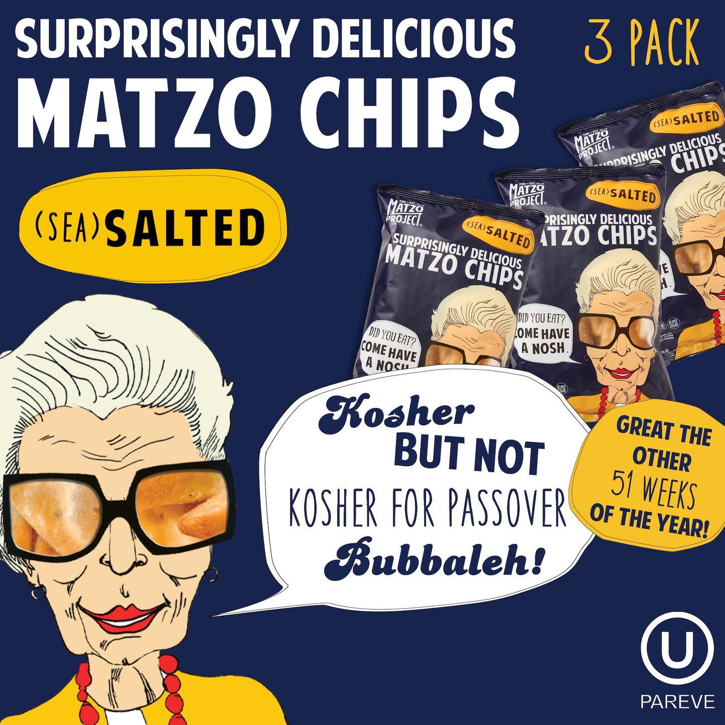 The Matzo Project Crispy Matzo Chips, Sea Salt Flavor, Vegan, Nut Free, Back-to-School Snack Packs, 3-Pack, 6 oz. Each, Kosher but NOT Kosher