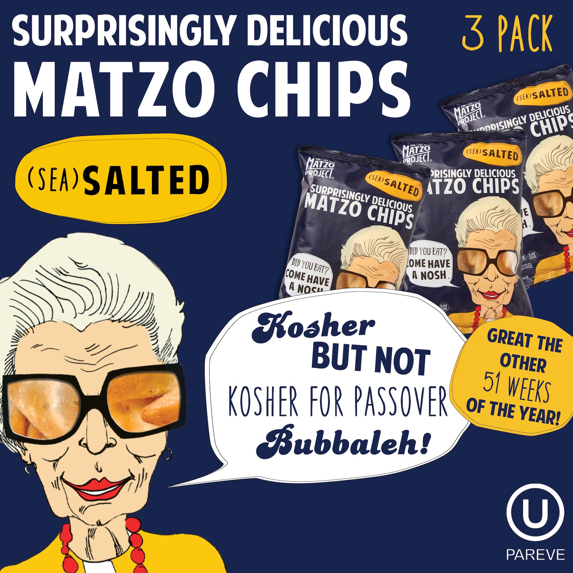 The Matzo Project Crispy Matzo Chips, Sea Salt Flavor, Vegan, Nut Free, Back-to-School Snack Packs, 3-Pack, 6 oz. Each, Kosher but NOT Kosher