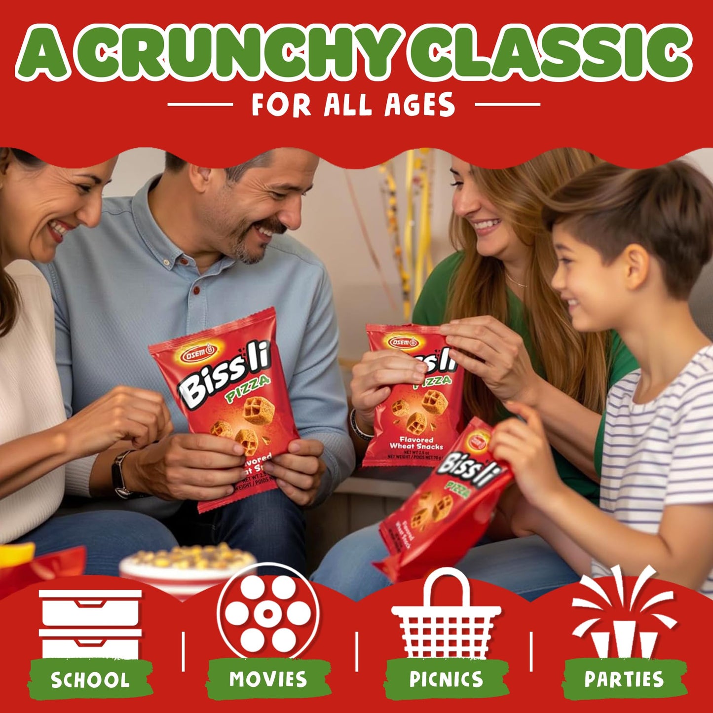 Osem Bissli Pizza - Pizza Flavored Snacks, Bissli Snack for Kids & Adults, Kosher Israeli Flavor Bites, Crunchy Vegan Wheat Chips - 2.5oz Bags (Pack