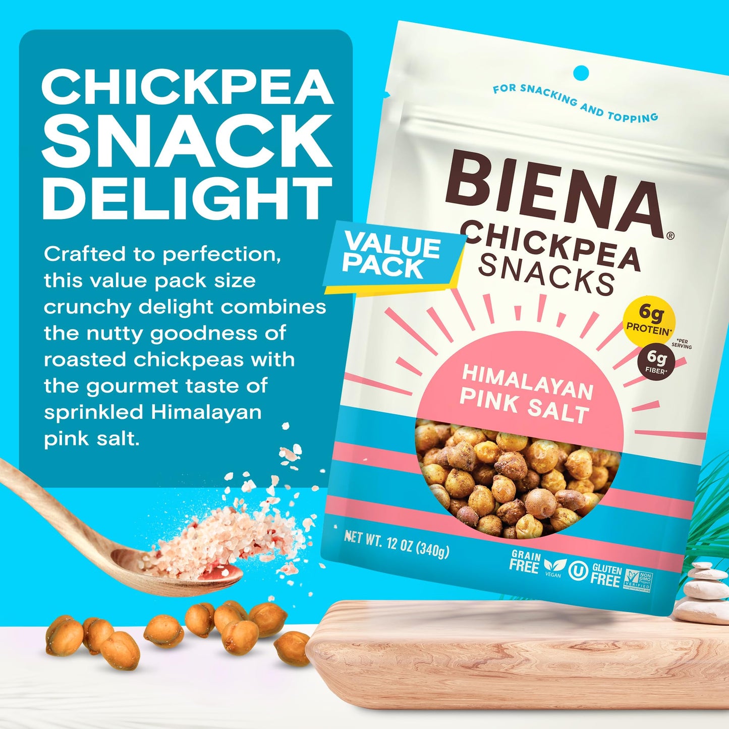 BIENA Chickpea Snacks - Crunchy Roasted Chickpeas - High Fiber Vegan Protein Snacks for Adults and Kids - Individual Pack - Himalayan Pink Salt