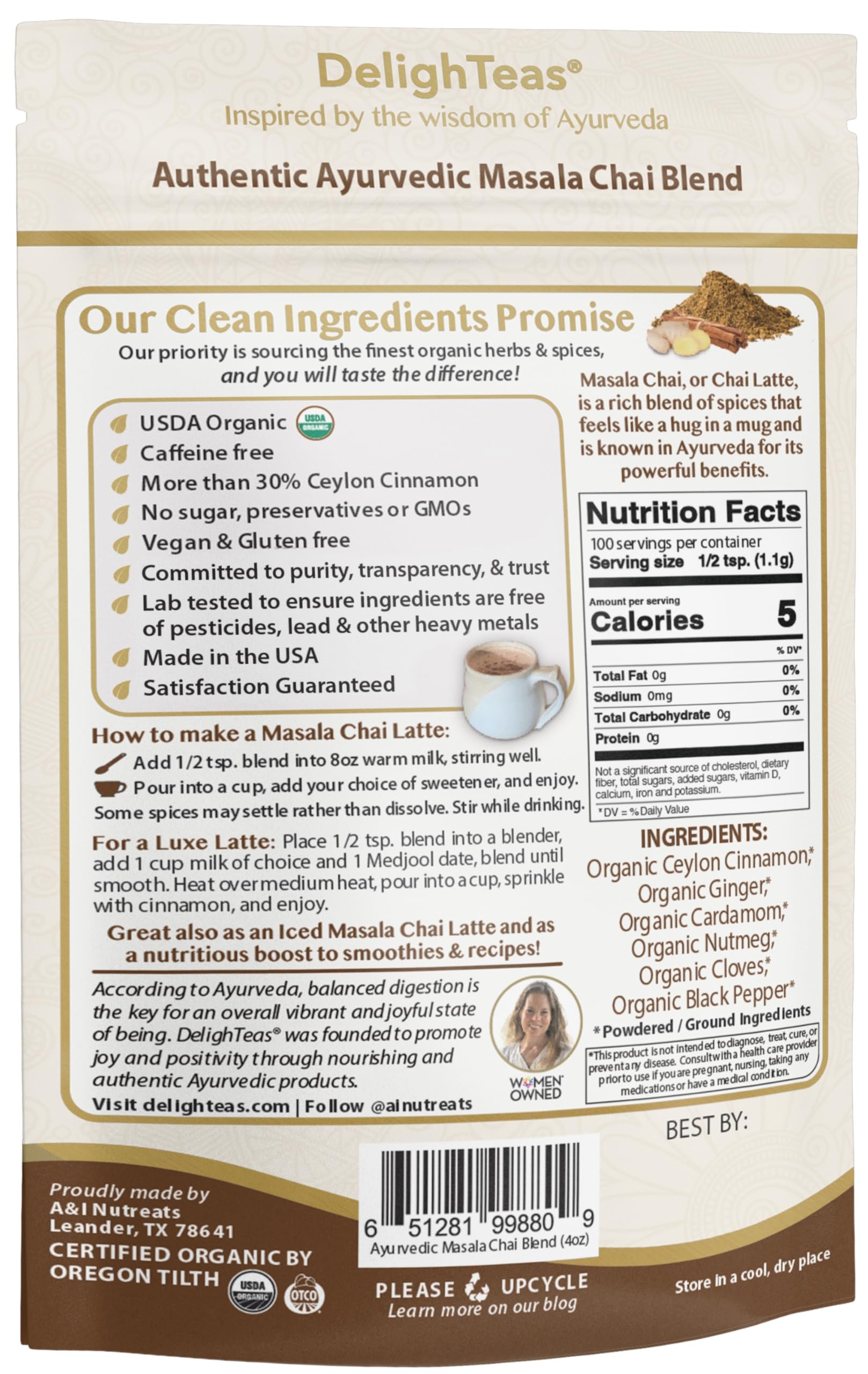 DelighTeas Organic Masala Chai Powder | Caffeine free, Unsweetened, Vegan, Keto | Ayurvedic Digestive Support blend for Chai Spice Tea | 100 Servings