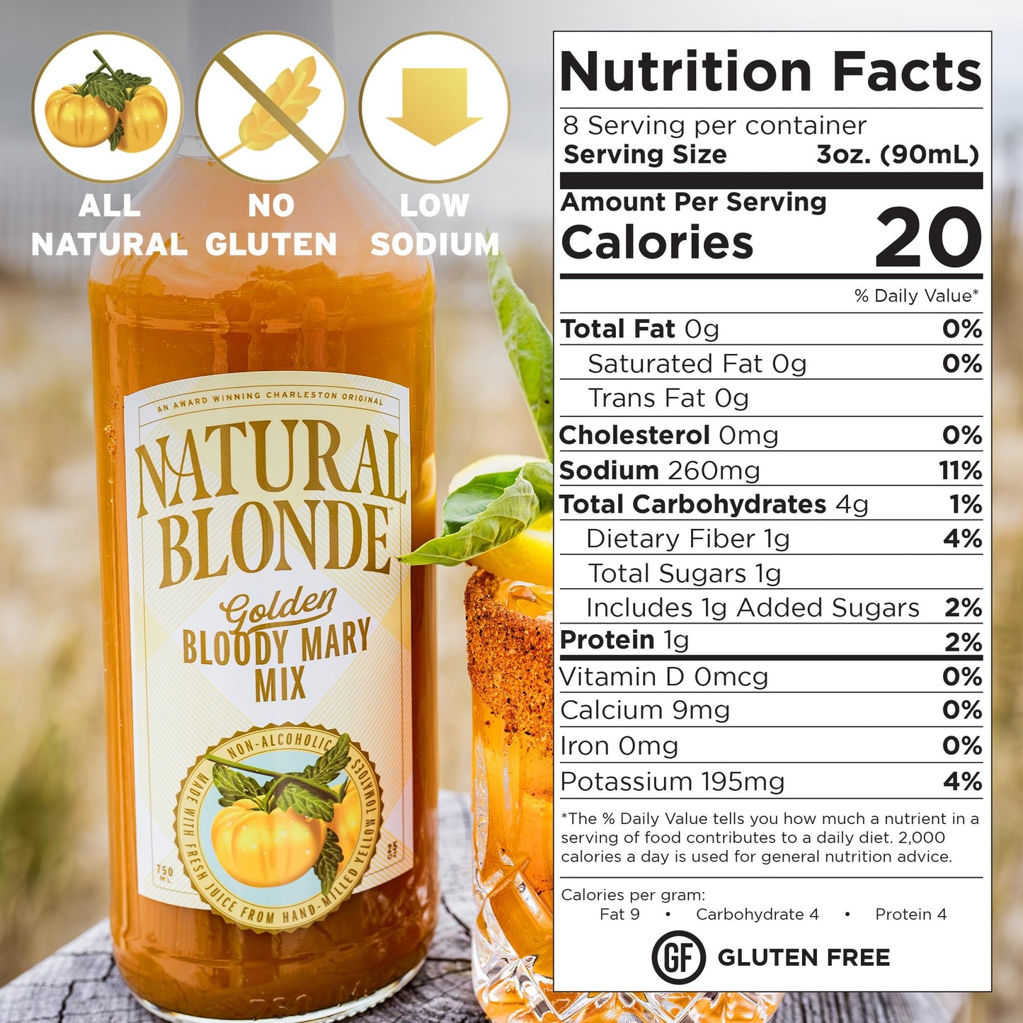 Natural Blonde Golden Bloody Mary Mix - All-Natural Cocktail Mixer with Hand-Picked Golden Tomatoes - Low Calorie, Gluten Free - 25 Fl Oz (1 Pack)