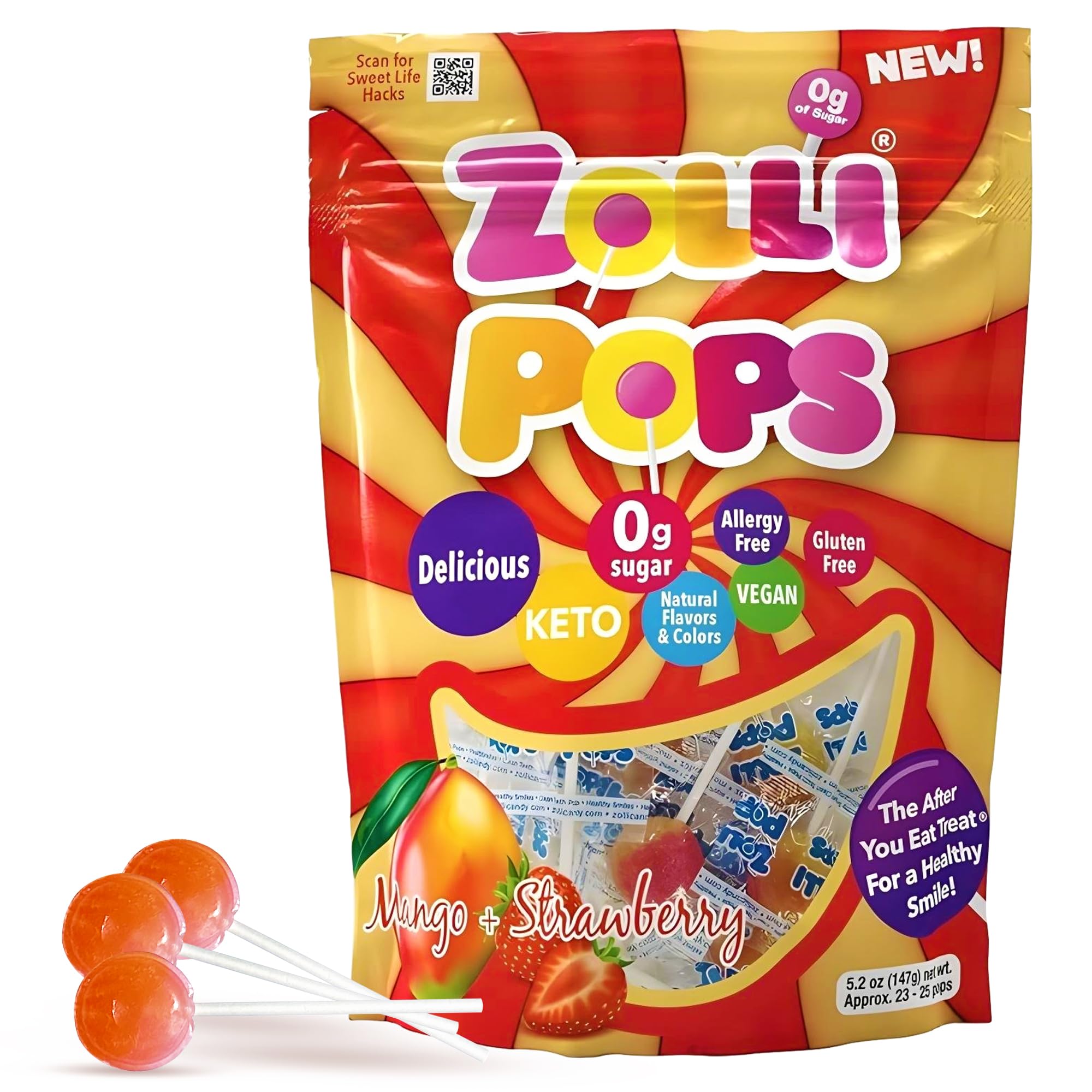 Zollipops Clean Teeth Pops Sugar Free Candy with Xylitol, Dye-Free Lollipops - Keto & Diabetic-Friendly, Dentist-Approved Treats for Kids (Mango