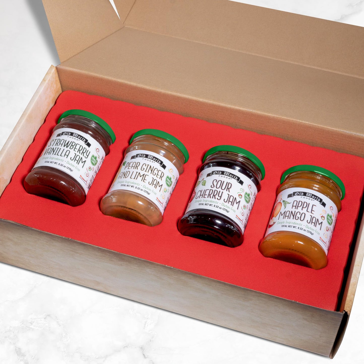 Old World Quality Foods 4-pack Premium European Fruit Jam Sampler with Strawberry Vanilla, Pear Ginger and Lime, Sour Cherry, and Apple Mango Flavors