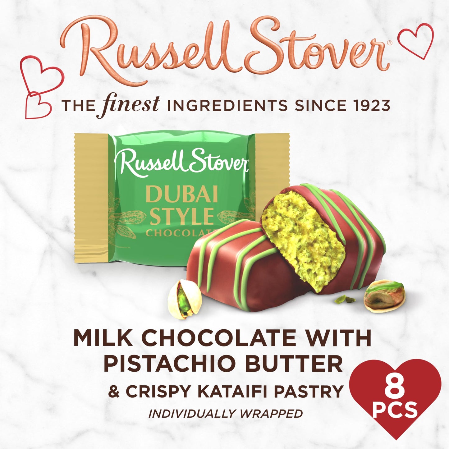 RUSSELL STOVER Valentine's Day Dubai Style Milk Chocolate Candy Pistachio & Kataifi Heart Gift Box, 4.75 oz.