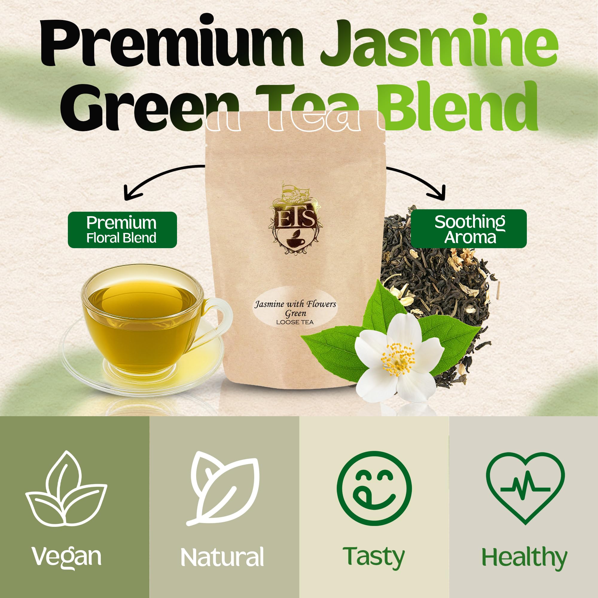 Jasmine with Flowers Green Tea | Loose Leaf Tea Pouch - 16oz Bulk Bag | Premium Floral Blend from Fujian China | Soothing Aroma | Steamed Green Tea |