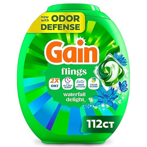 Gain Flings Liquid Washing Detergent Pacs, Now with Odor Defense + Color Guard, Waterfall Delight Scent, 4-In-1 Liquid Laundry Detergent Pods, Clean