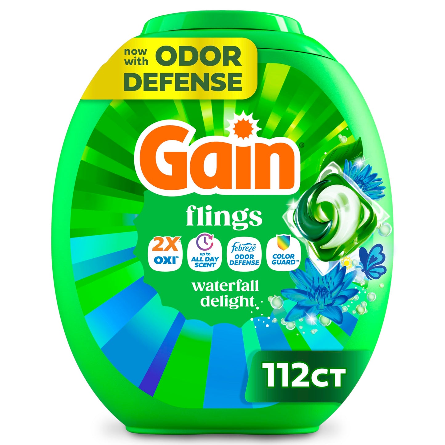 Gain Flings Liquid Washing Detergent Pacs, Now with Odor Defense + Color Guard, Waterfall Delight Scent, 4-In-1 Liquid Laundry Detergent Pods, Clean