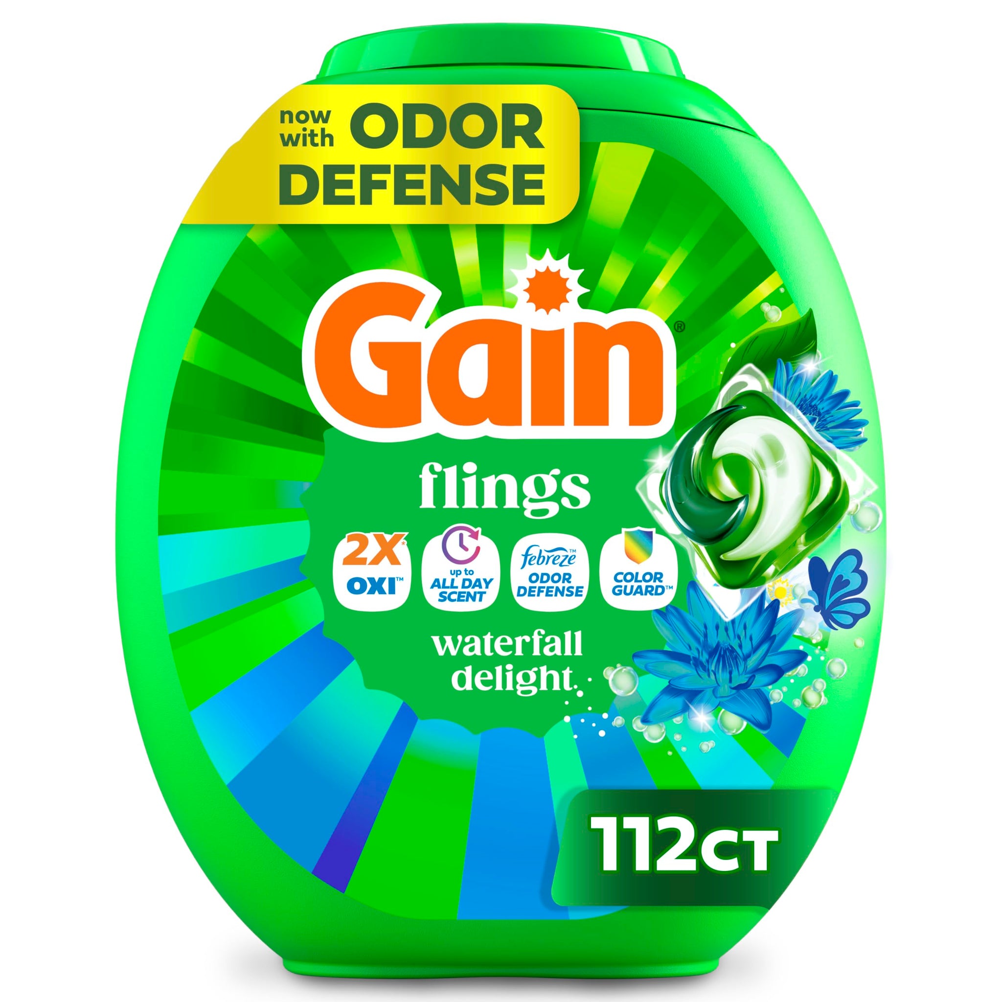 Gain Flings Liquid Washing Detergent Pacs, Now with Odor Defense + Color Guard, Waterfall Delight Scent, 4-In-1 Liquid Laundry Detergent Pods, Clean