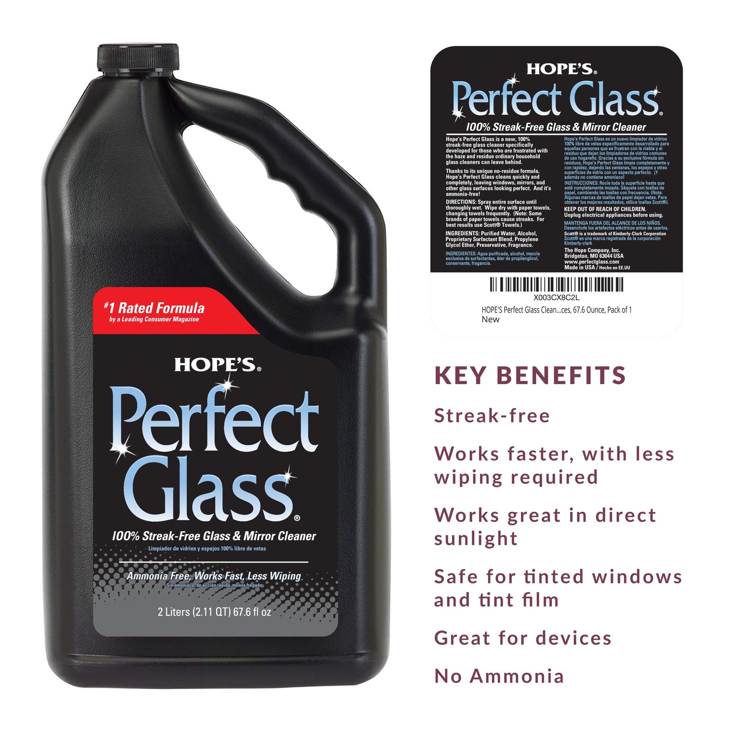 HOPE'S Perfect Glass Cleaner Spray Refill, Streak-Free, Ammonia-Free Window, Mirror, Screen, Tinted Glass, and Shower Door Cleaner, Indoor and Outdoor