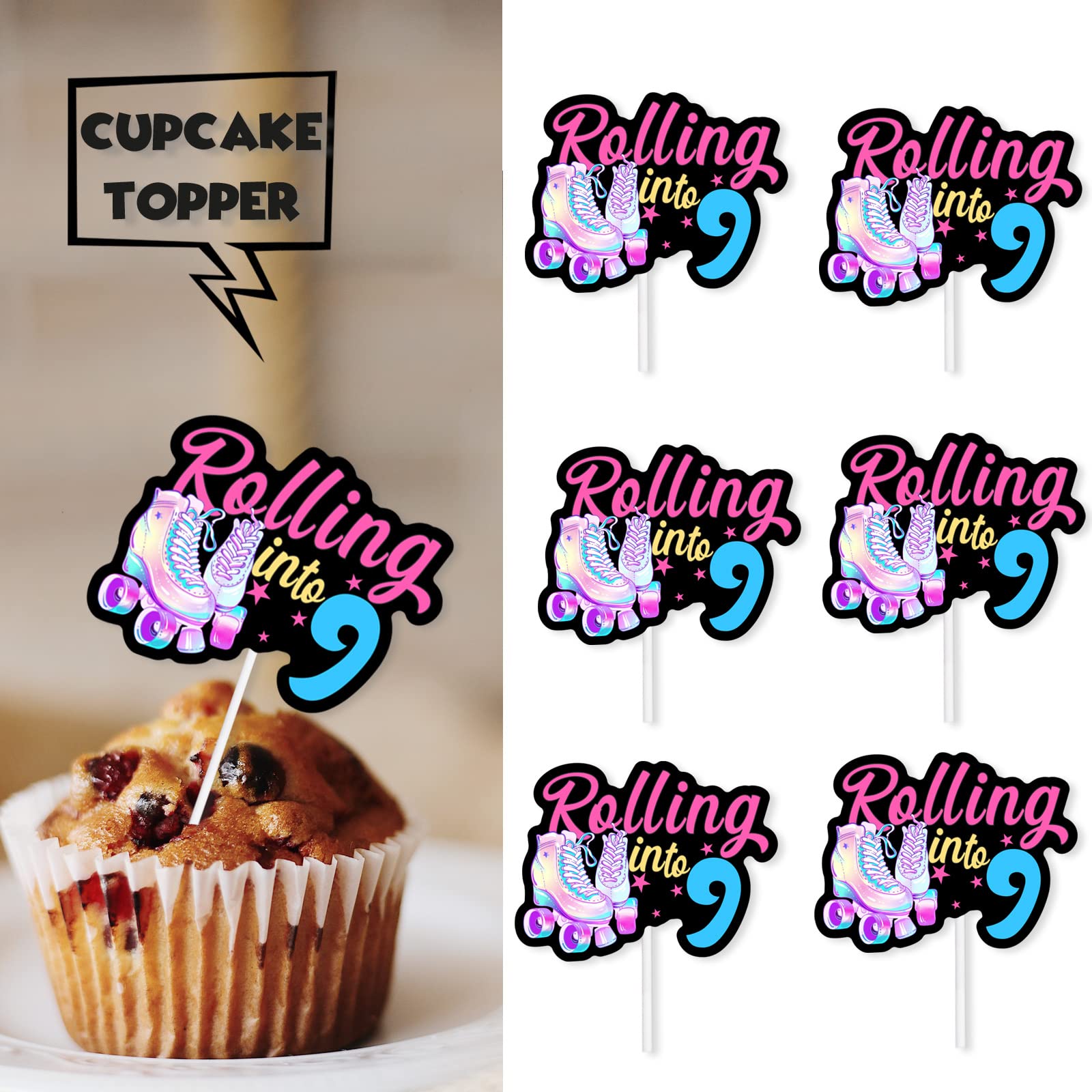 18pcs Black Glitter Pink Roller Skates Dessert Cupcake Topper 80s 90s Retro Hip Hop Roller Skating Rolling into 9 Theme Decor Supplies Boy Girl 9th