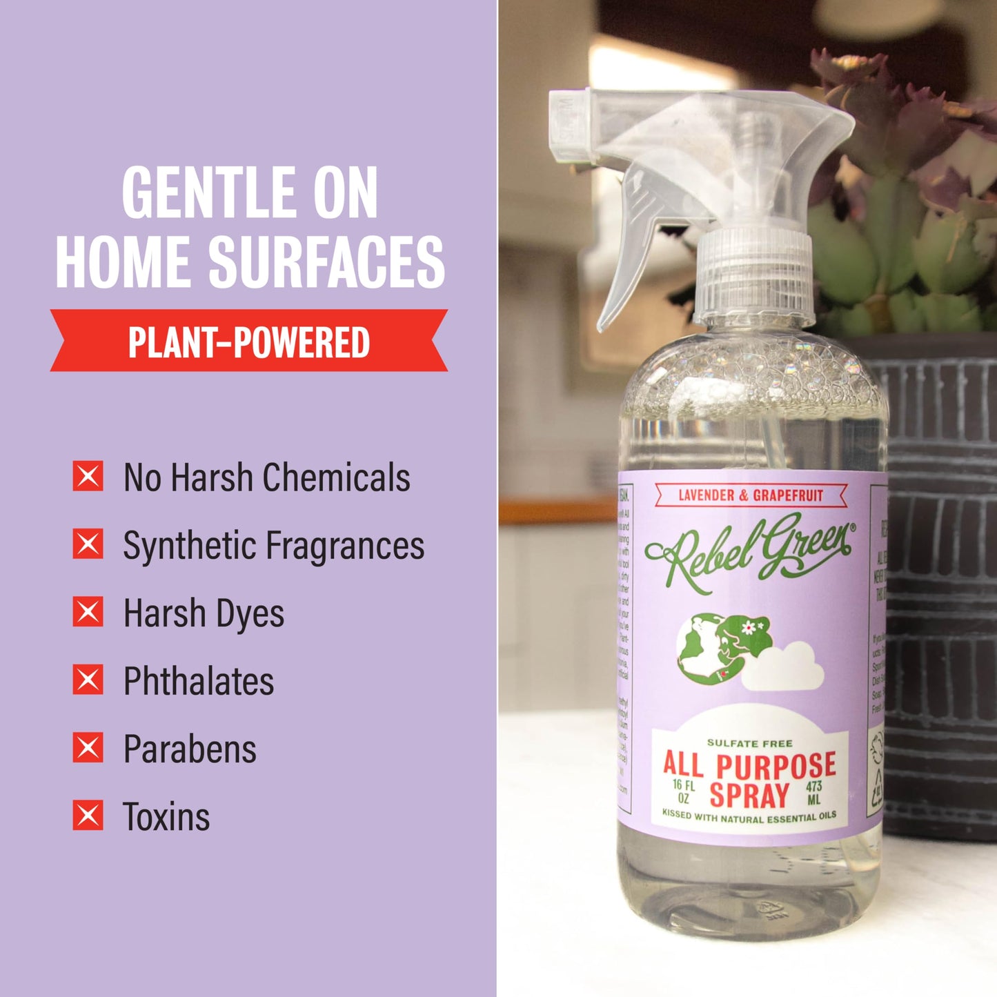 Rebel Green Natural All-Purpose Cleaning Spray - Derived Multi-Surface Cleaner with Essential Oils for Kitchen, Bath, Countertops and More - Lavender
