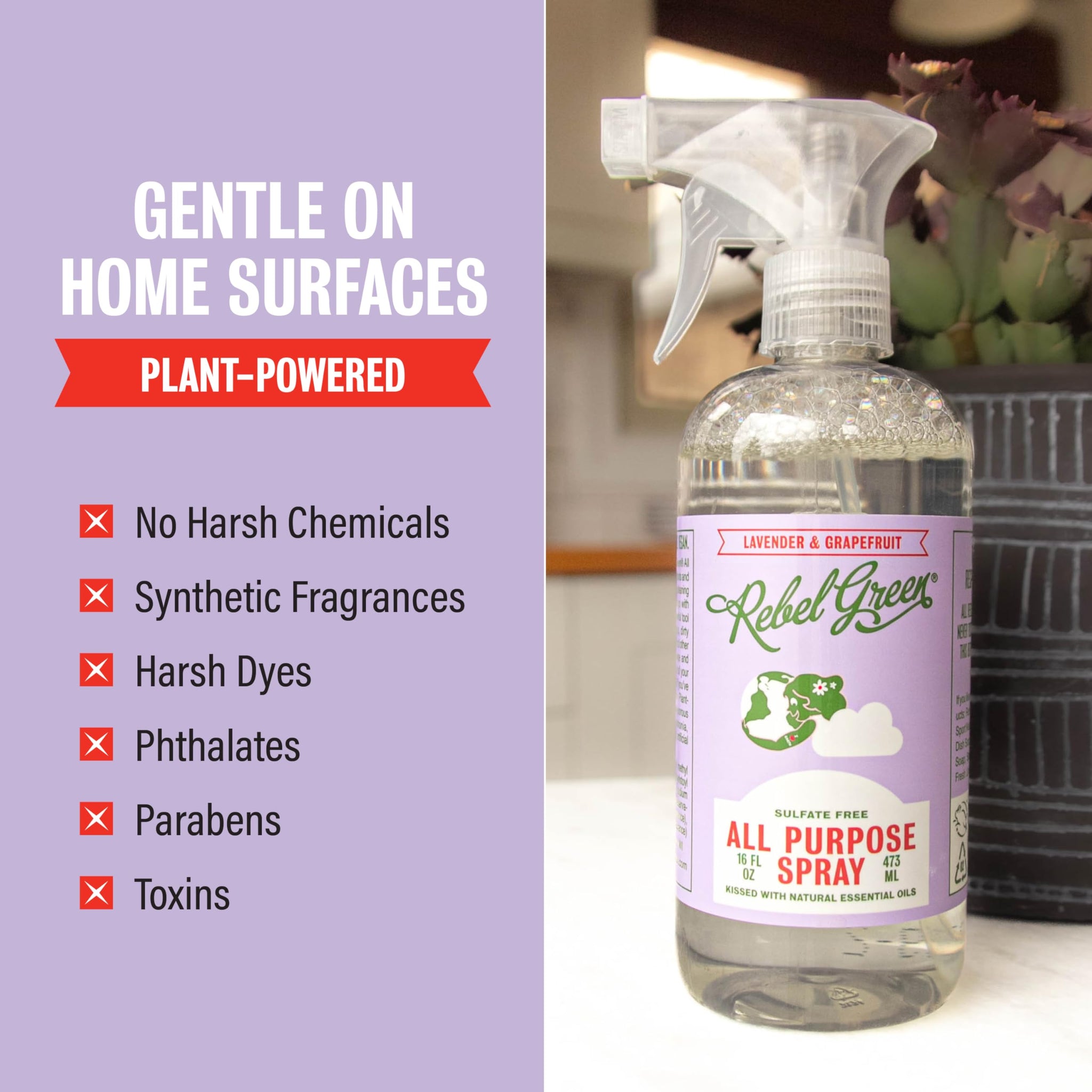 Rebel Green Natural All-Purpose Cleaning Spray - Derived Multi-Surface Cleaner with Essential Oils for Kitchen, Bath, Countertops and More - Lavender